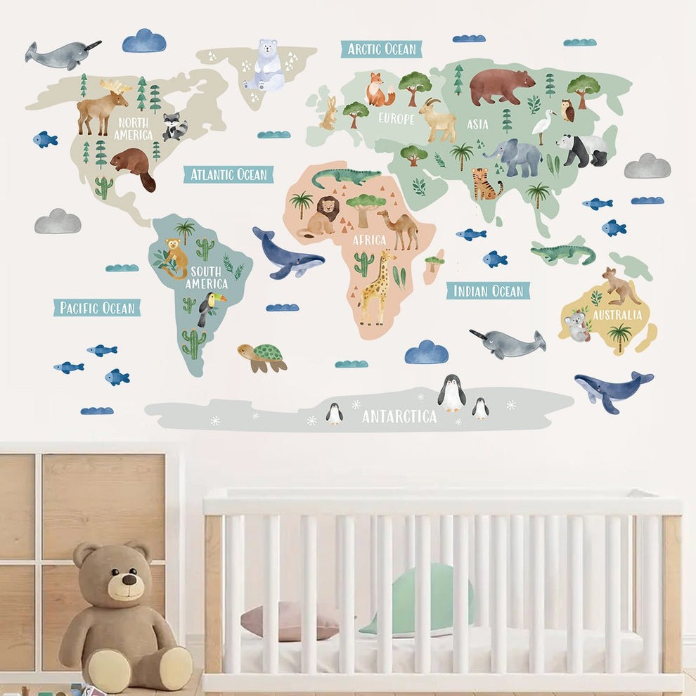 Calcomania Mapa mundi infantil animales
