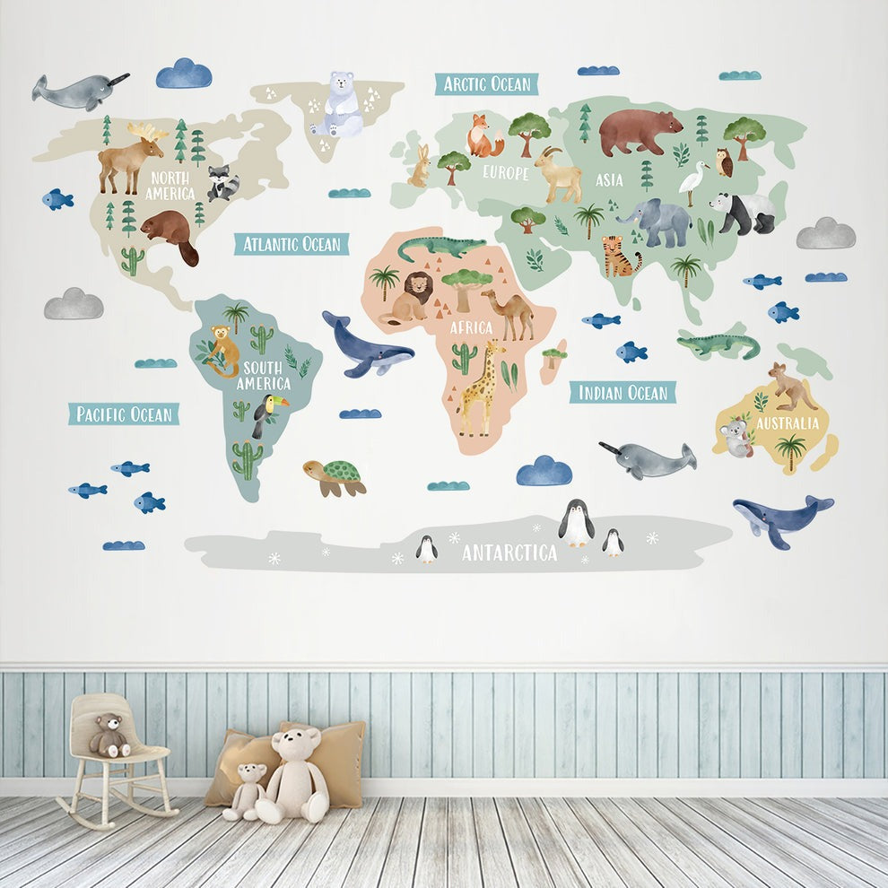 Calcomania Mapa mundi infantil animales