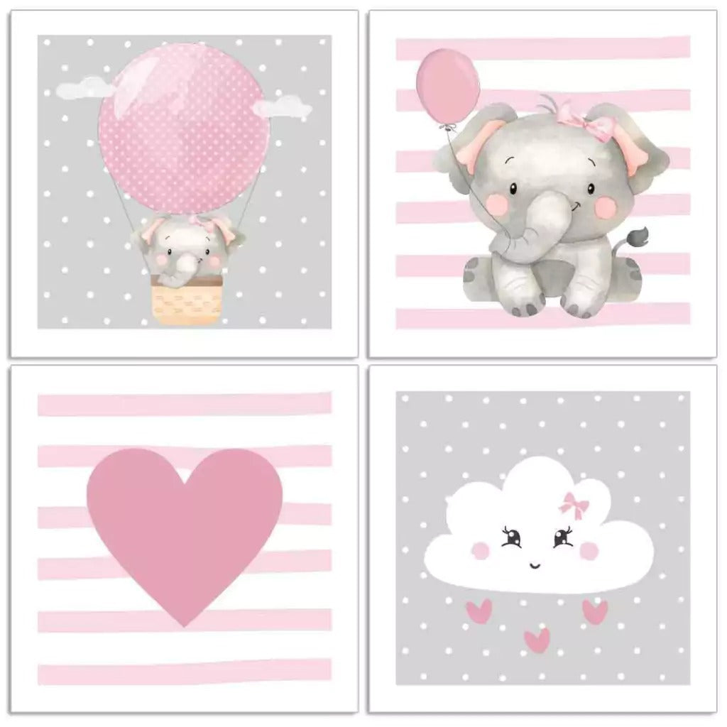 Combo de globos y elefantes con nubes rosas