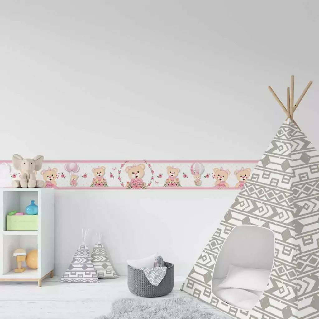 Cenefa infantil adhesiva Oso de jardín floral