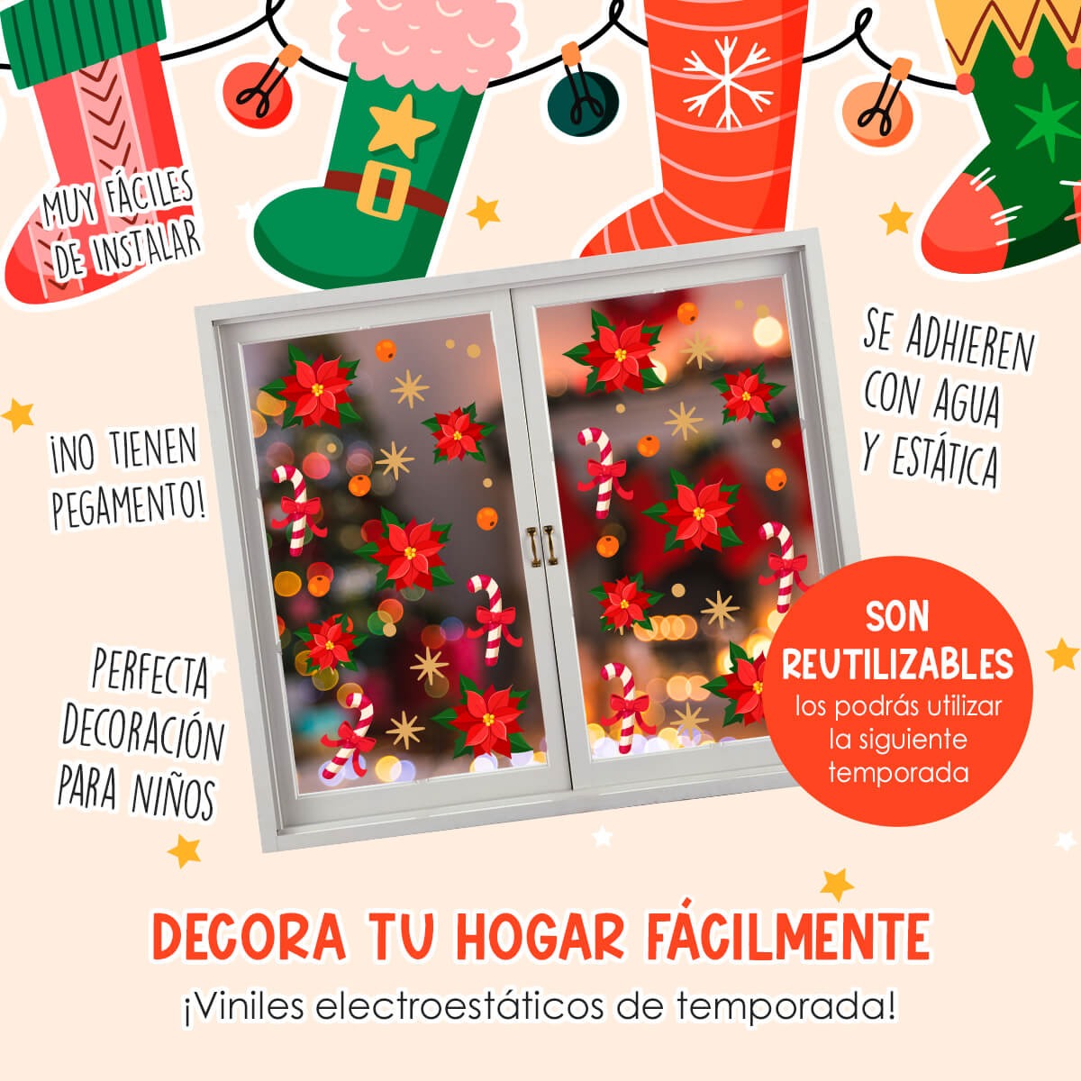 Vinil Electro estático para ventanas flores navideñas