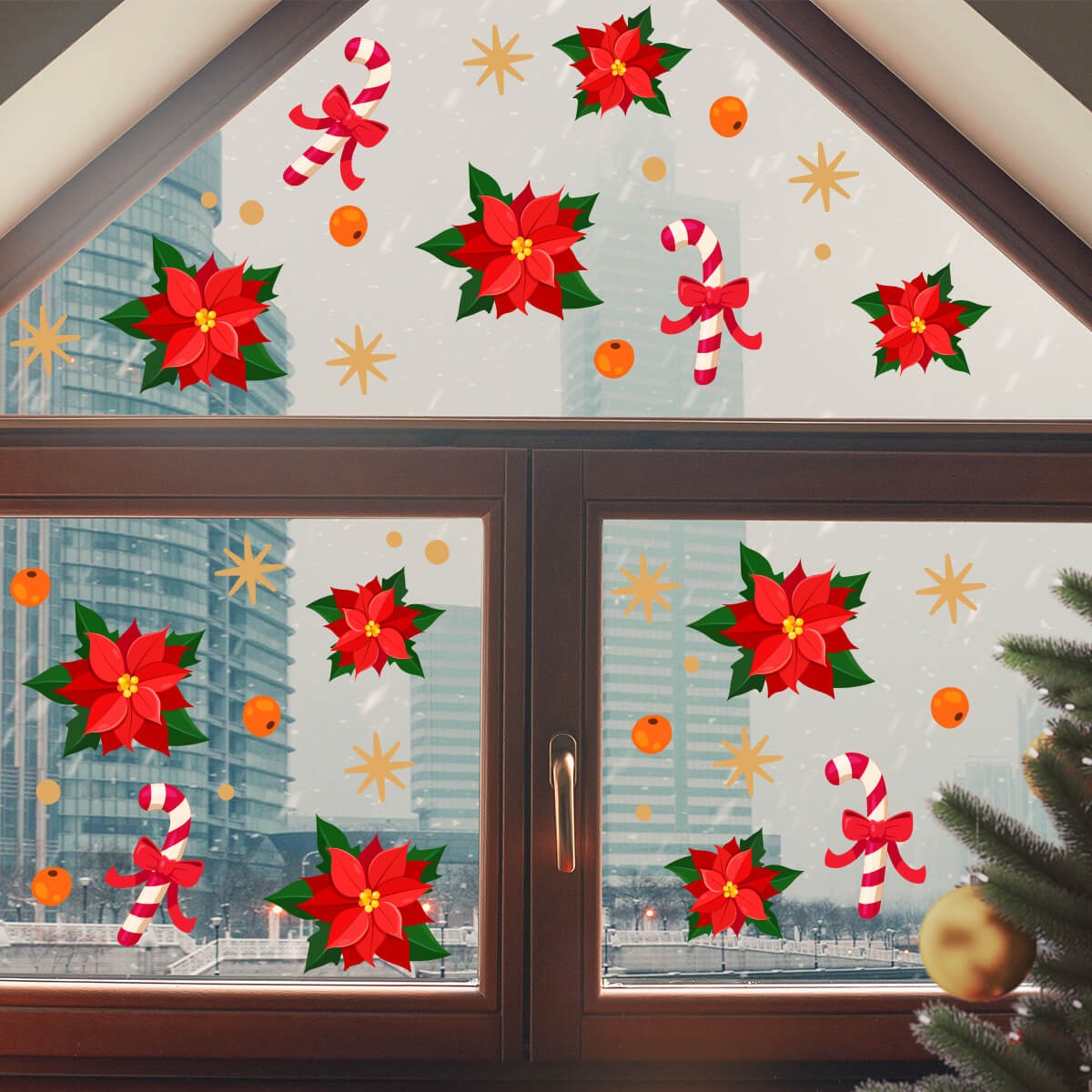 Vinil Electro estático para ventanas flores navideñas