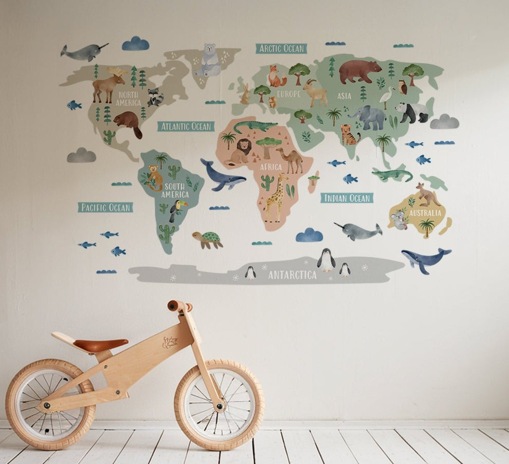 Calcomania Mapa mundi infantil animales