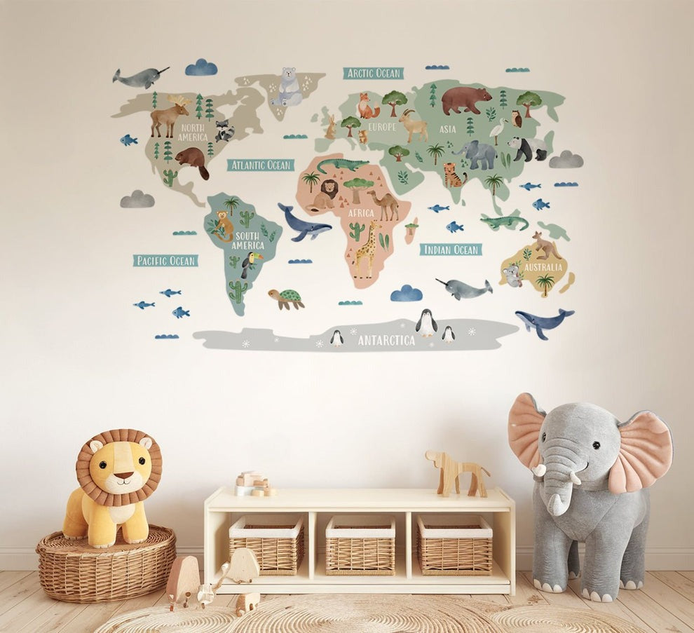 Calcomania Mapa mundi infantil animales