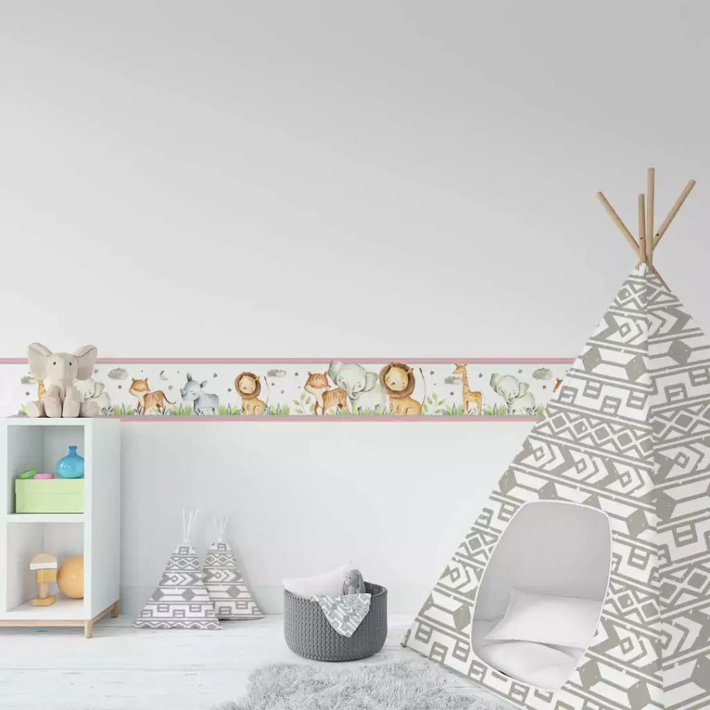 Cenefa infantil adhesiva Animales de safari en acuarela