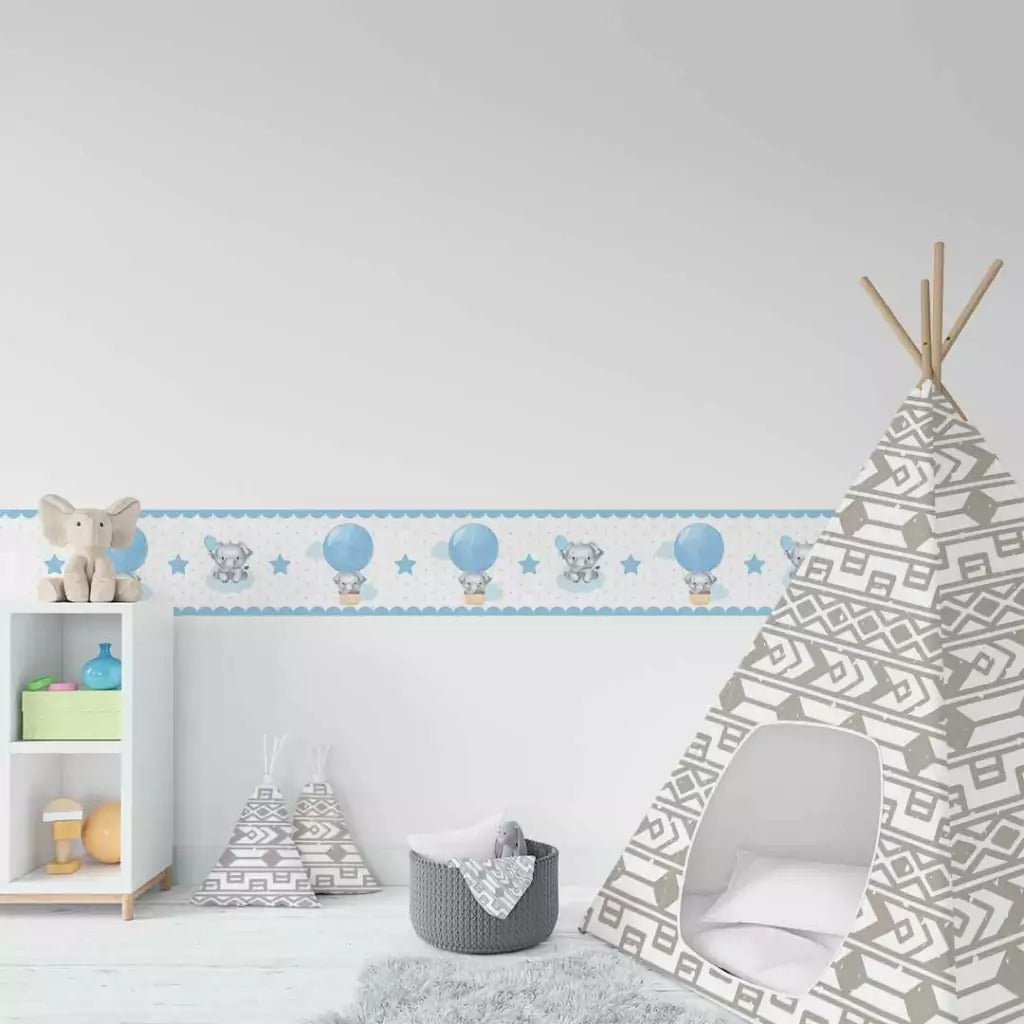 Cenefa infantil adhesiva Elefante en globo Acuarela