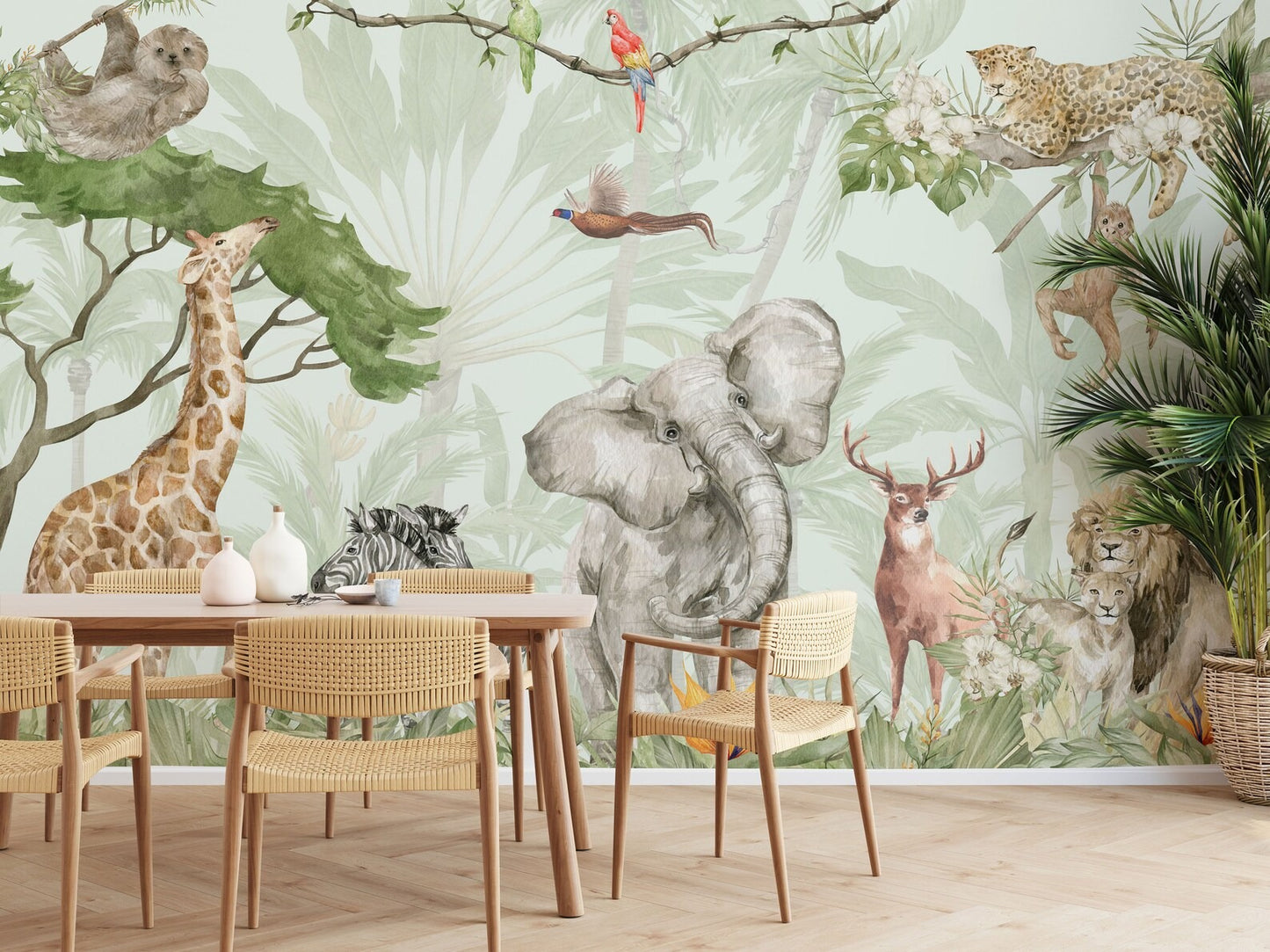 Papel para paredes safari en la jungla con elefante, cebra, ciervo, león y mono.