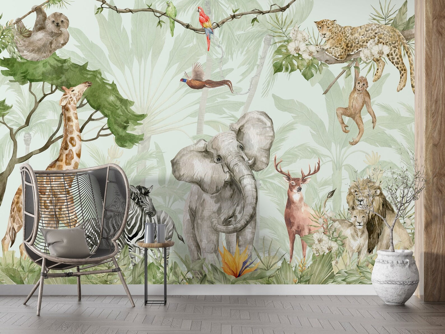 Papel para paredes safari en la jungla con elefante, cebra, ciervo, león y mono.