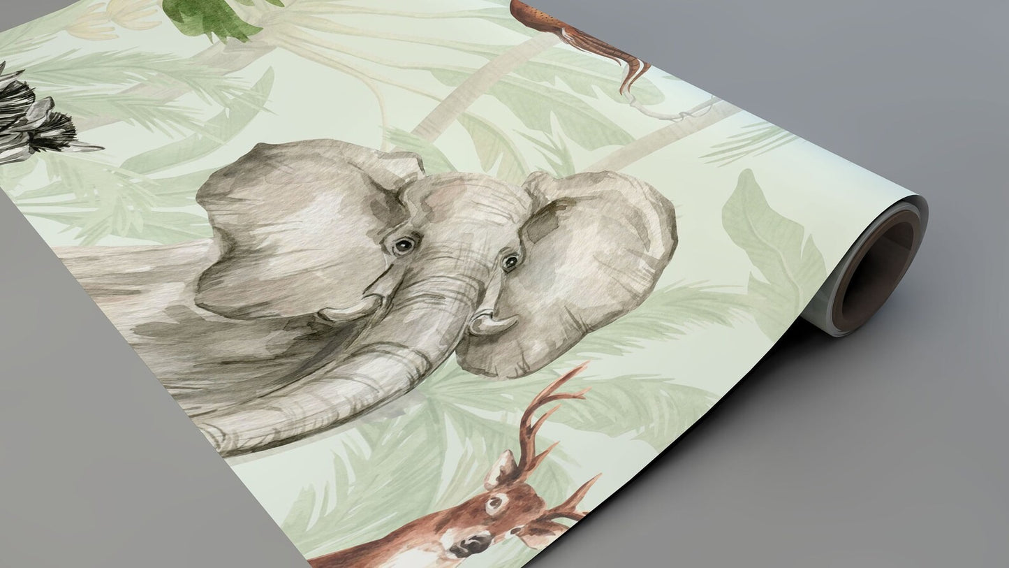 Papel para paredes safari en la jungla con elefante, cebra, ciervo, león y mono.
