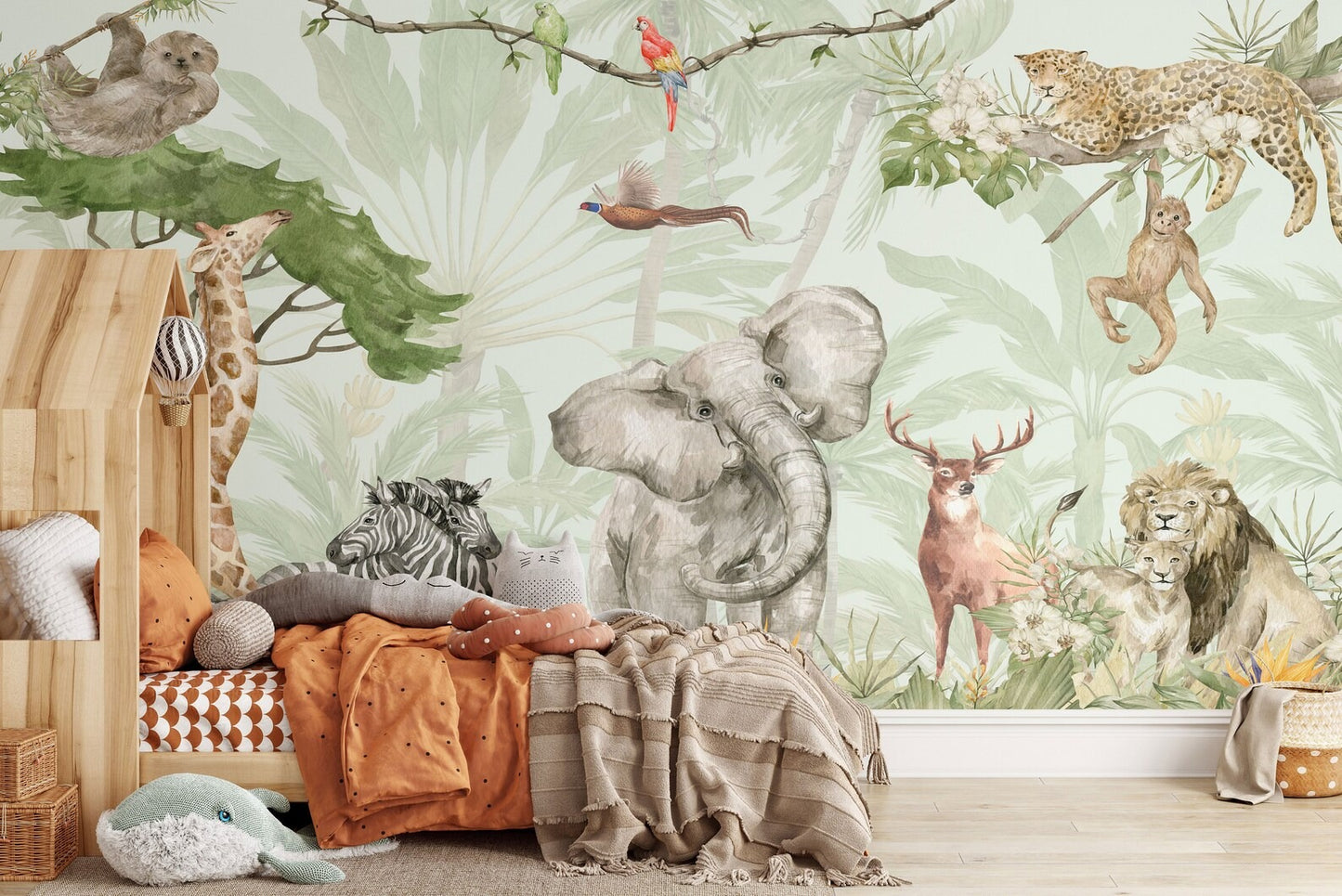 Papel para paredes safari en la jungla con elefante, cebra, ciervo, león y mono.