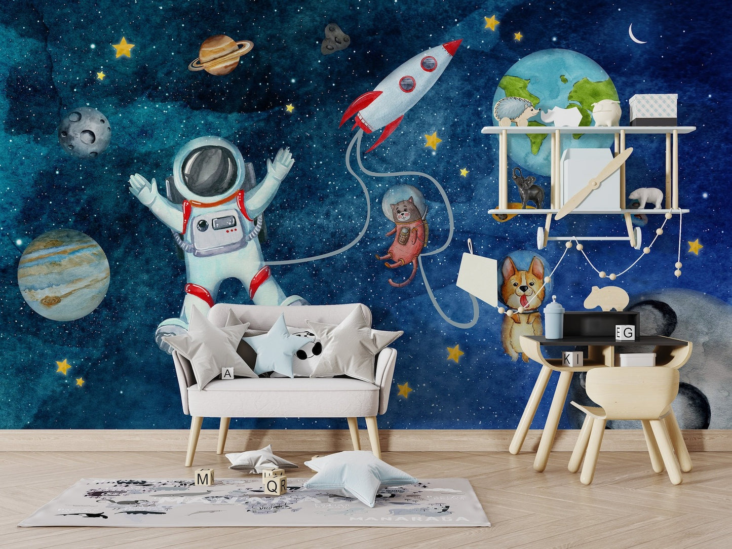 Papel para paredes astronauta con mascotas espaciales