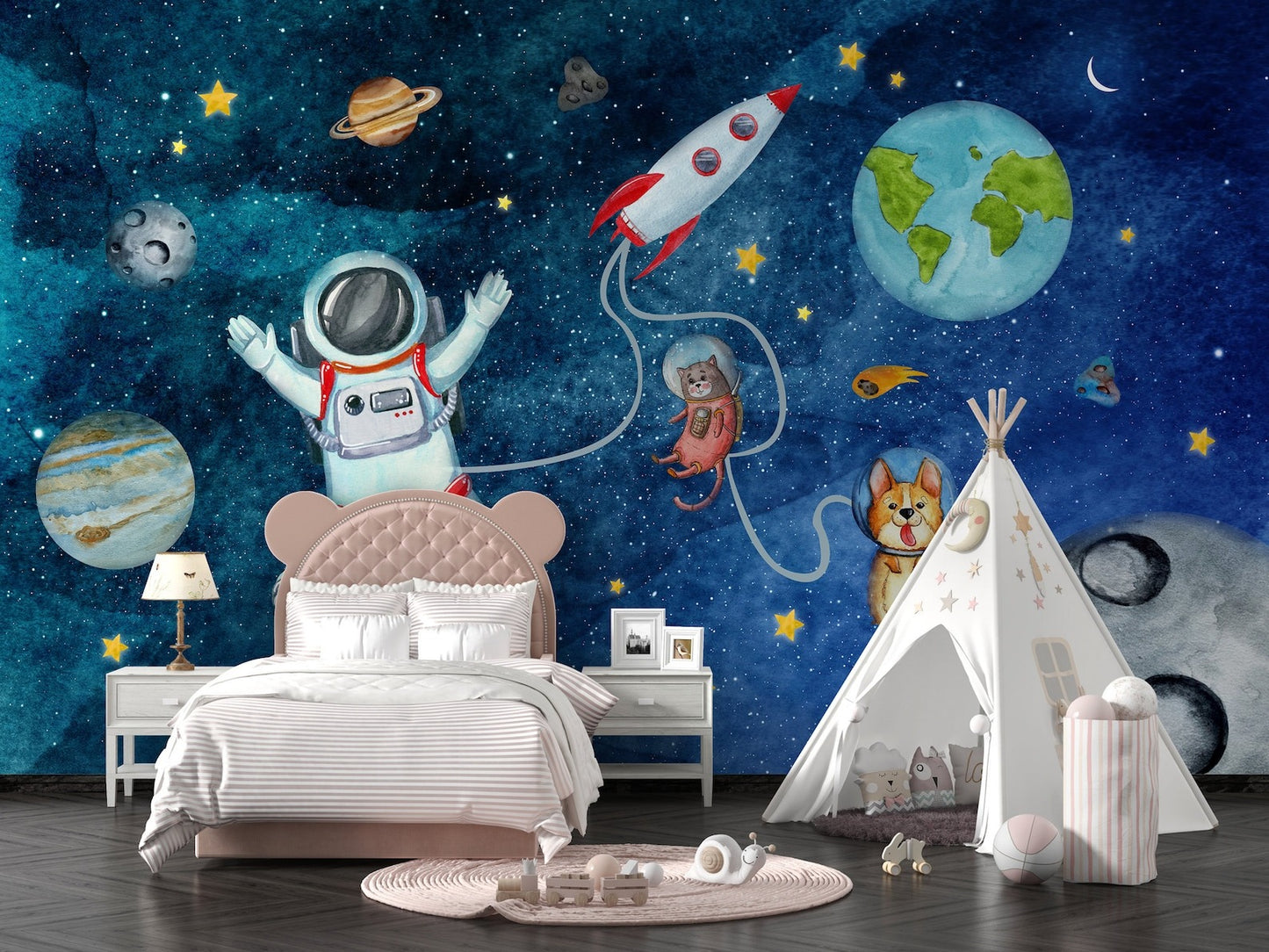 Papel para paredes astronauta con mascotas espaciales