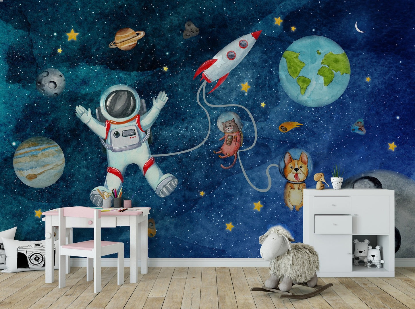 Papel para paredes astronauta con mascotas espaciales
