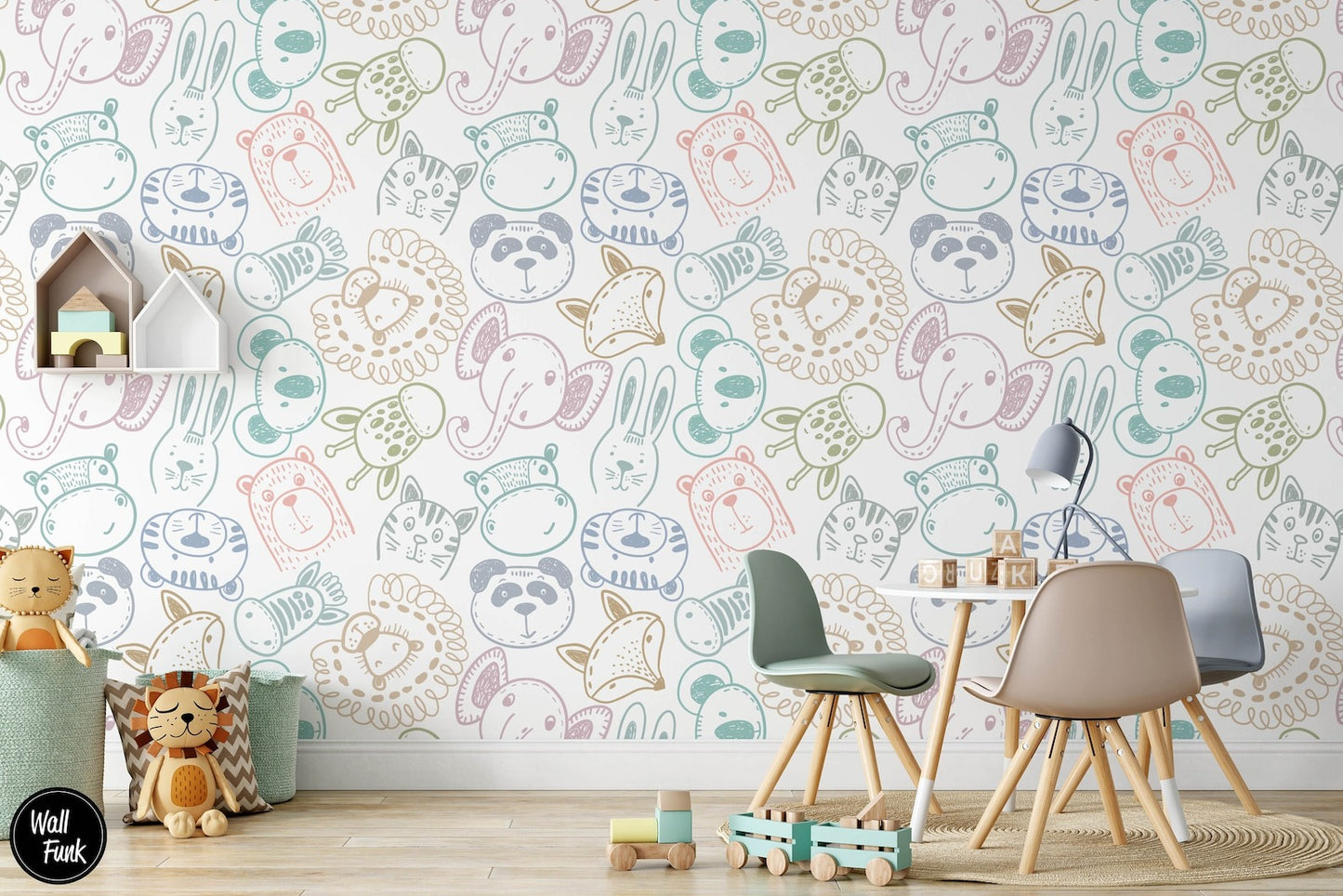 Papel para paredes Safari para niños, arte de pared de dormitorio de animales lindos.