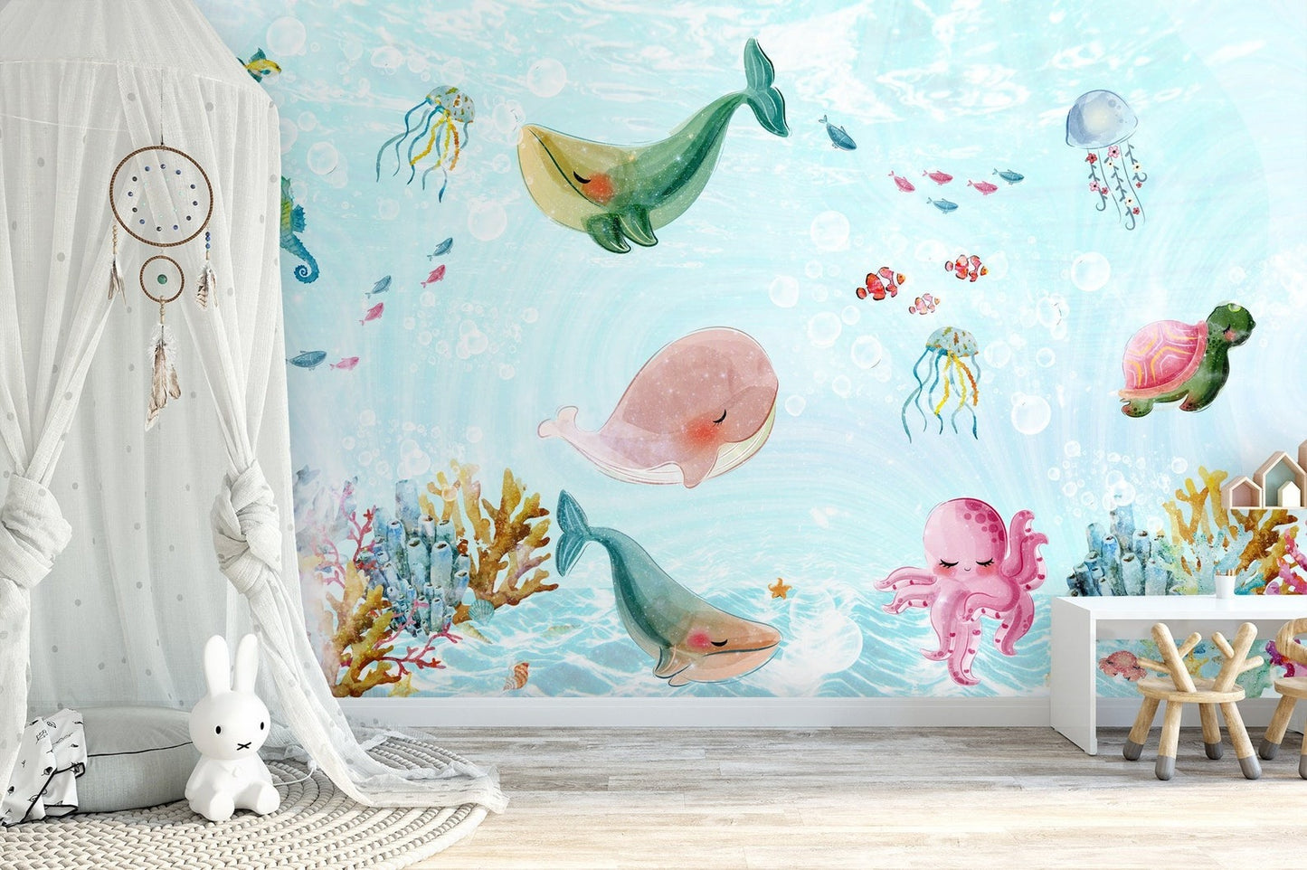 Papel para paredes Fondo Marino animales Coquetos