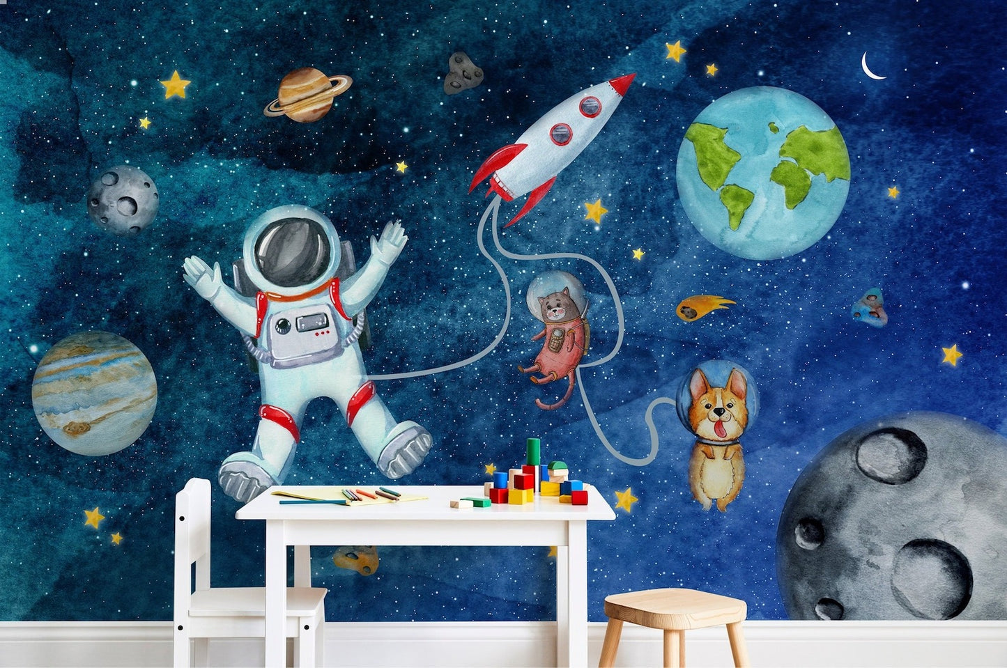 Papel para paredes astronauta con mascotas espaciales