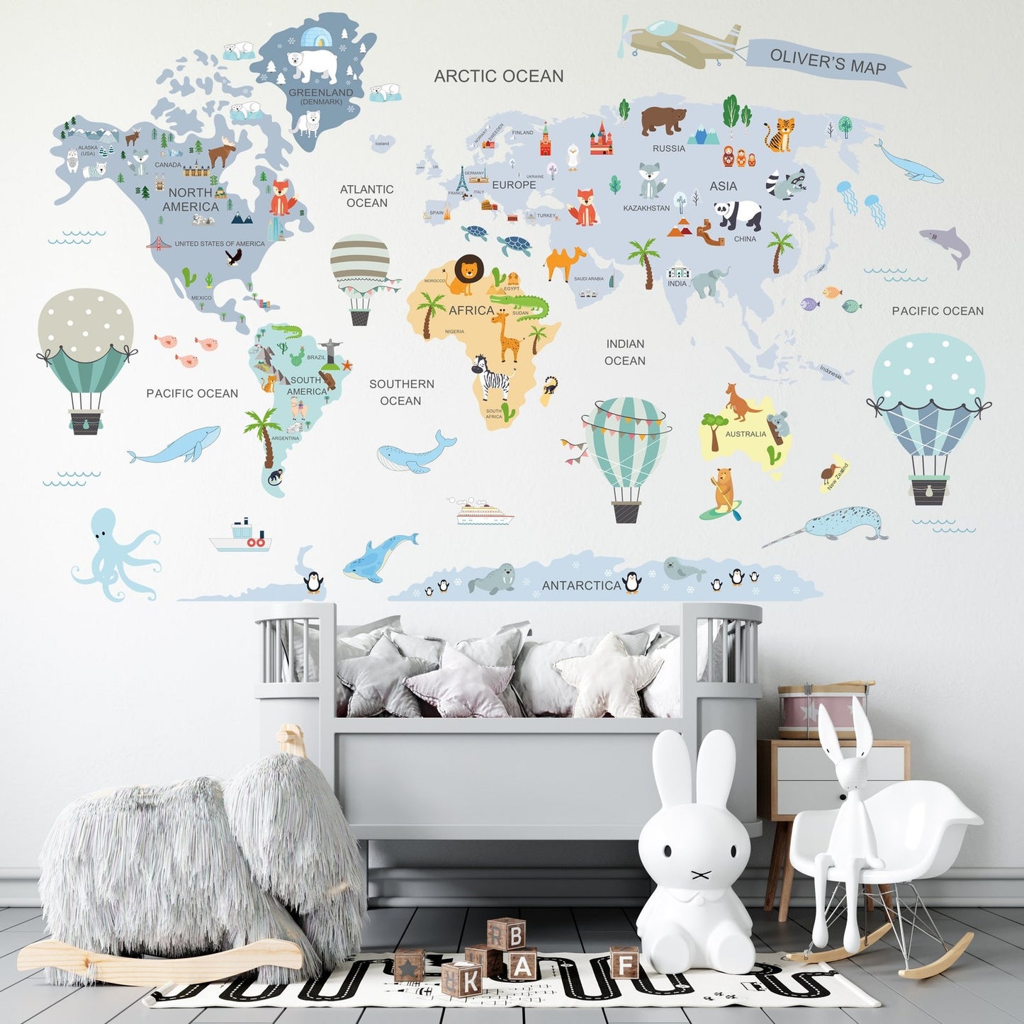 Calcomania Mapa mundi infantil Animales y globos aerostaticos