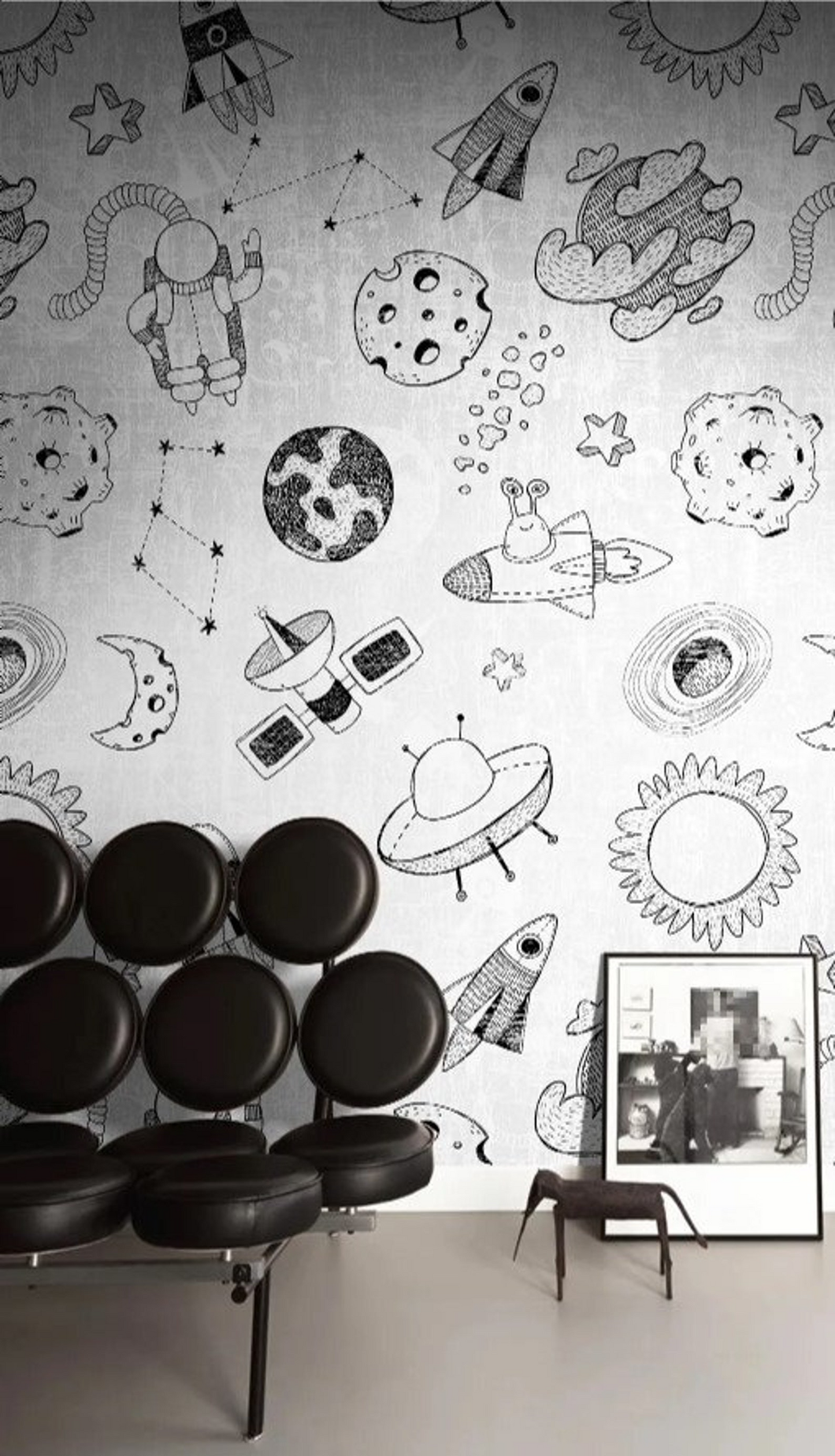 Papel para paredes Mosaico astronauta blanco y negro