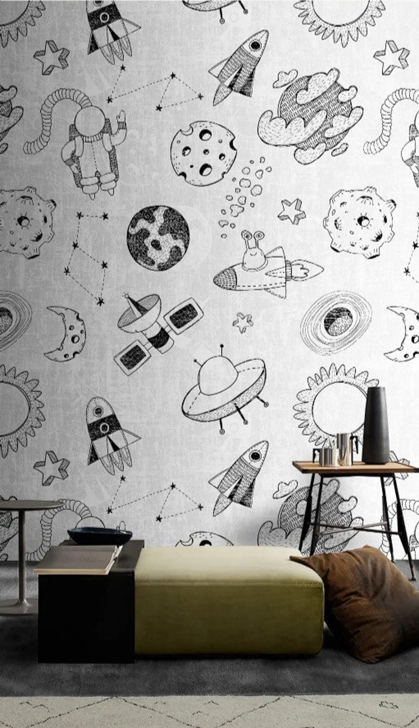 Papel para paredes Mosaico astronauta blanco y negro