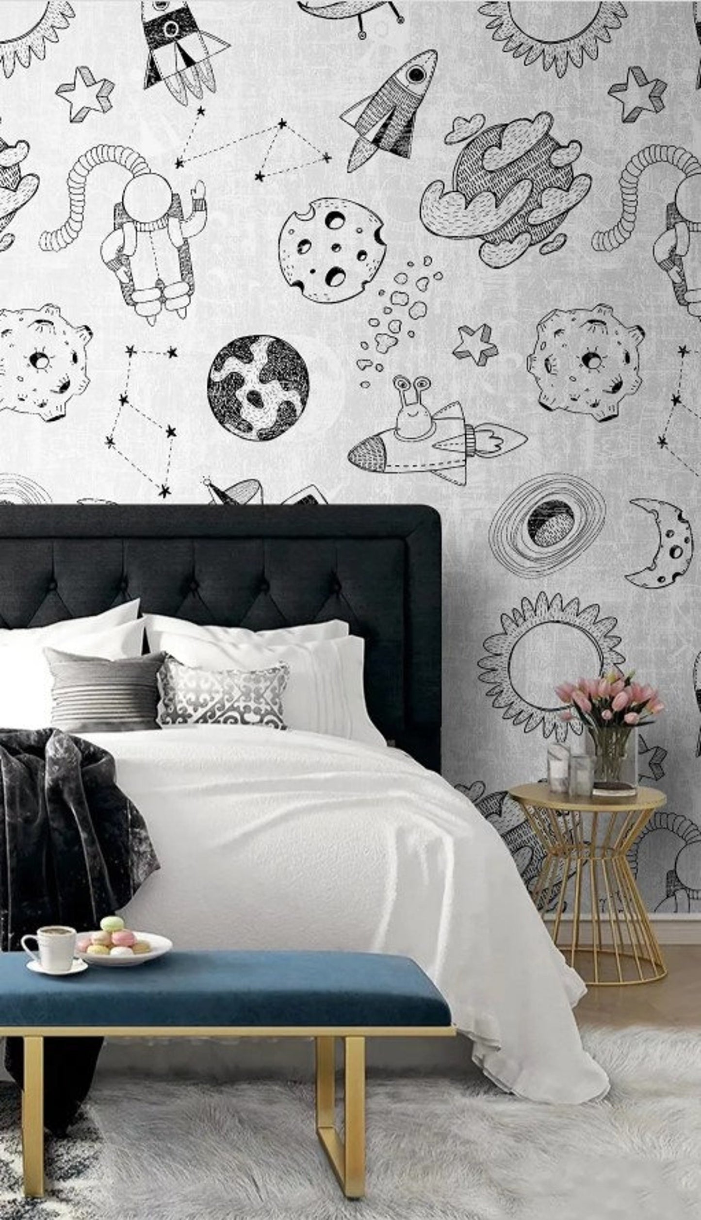 Papel para paredes Mosaico astronauta blanco y negro