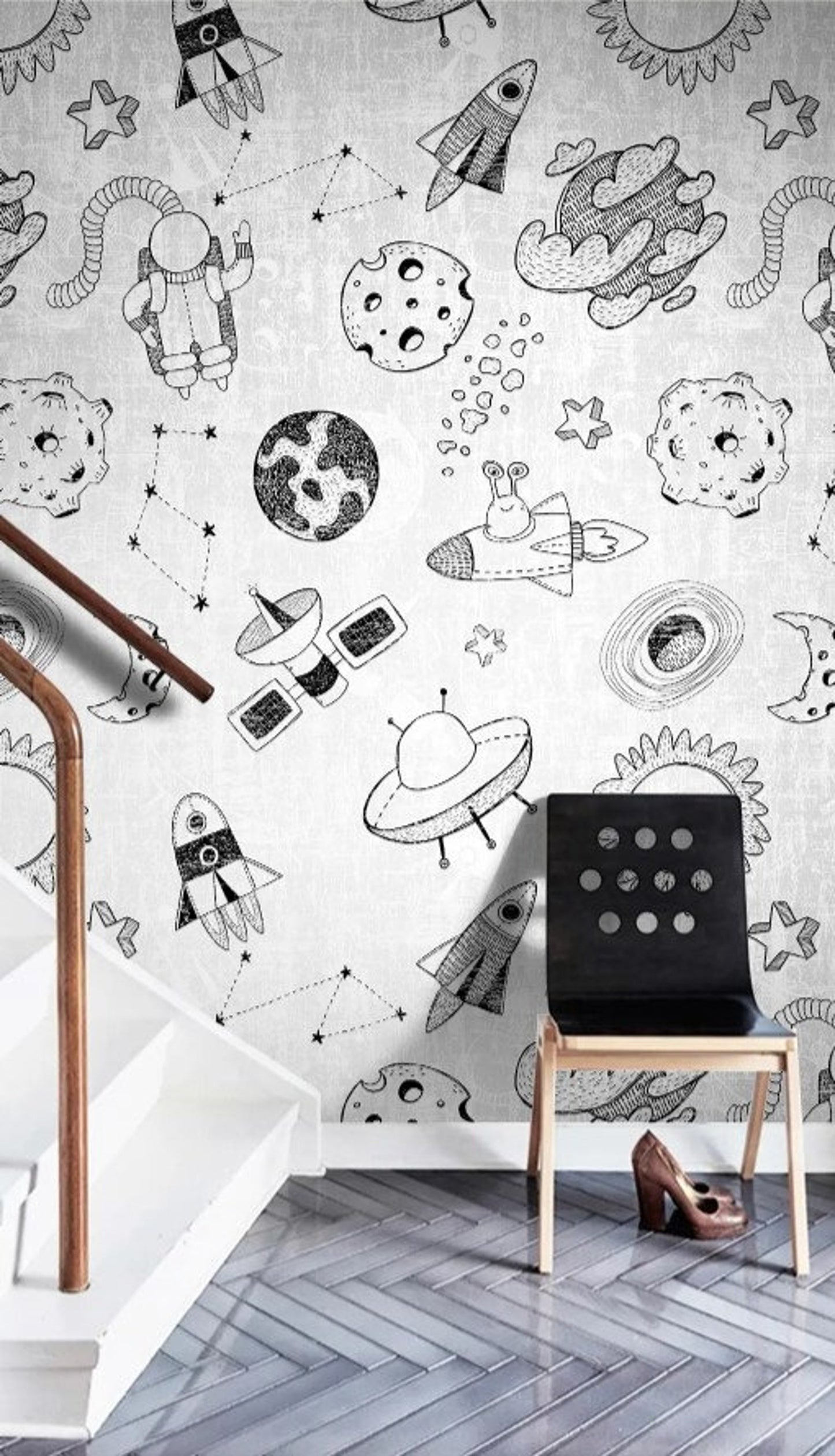 Papel para paredes Mosaico astronauta blanco y negro