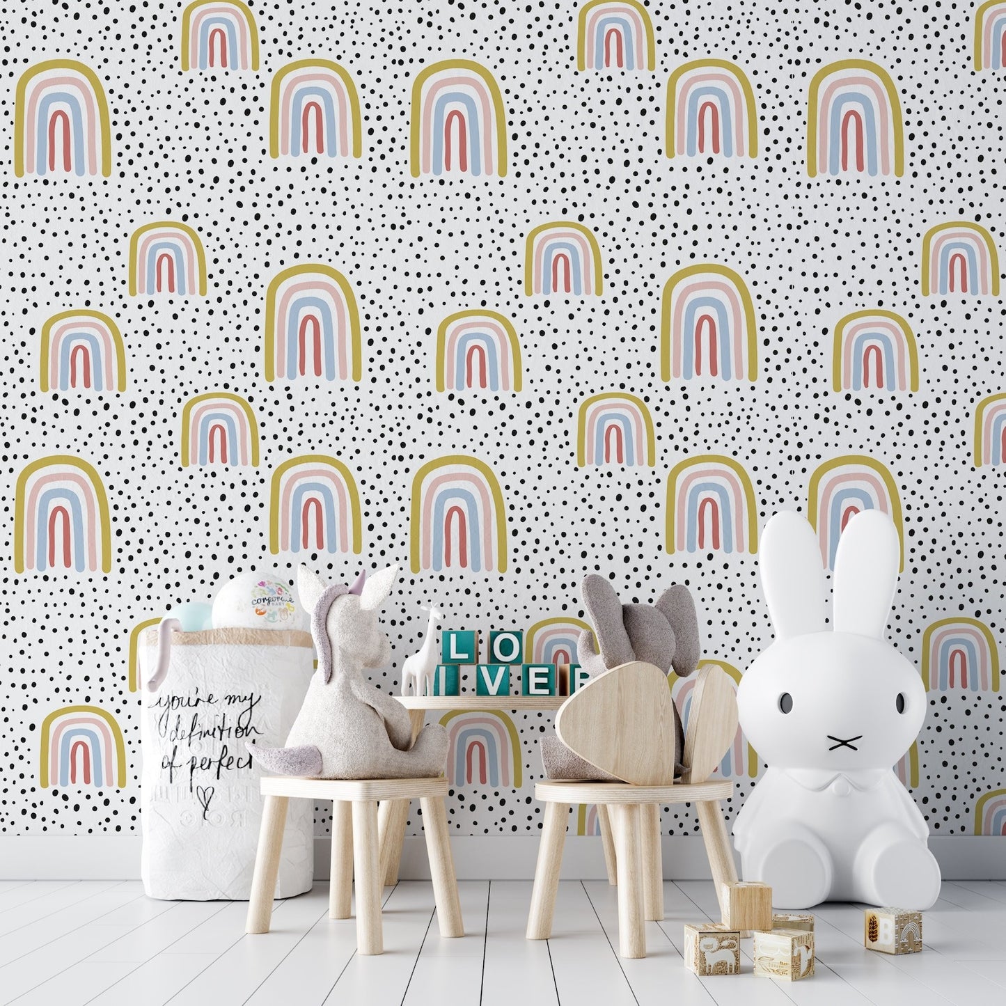 Papel para paredes Arcoiris mosaico con puntos negros