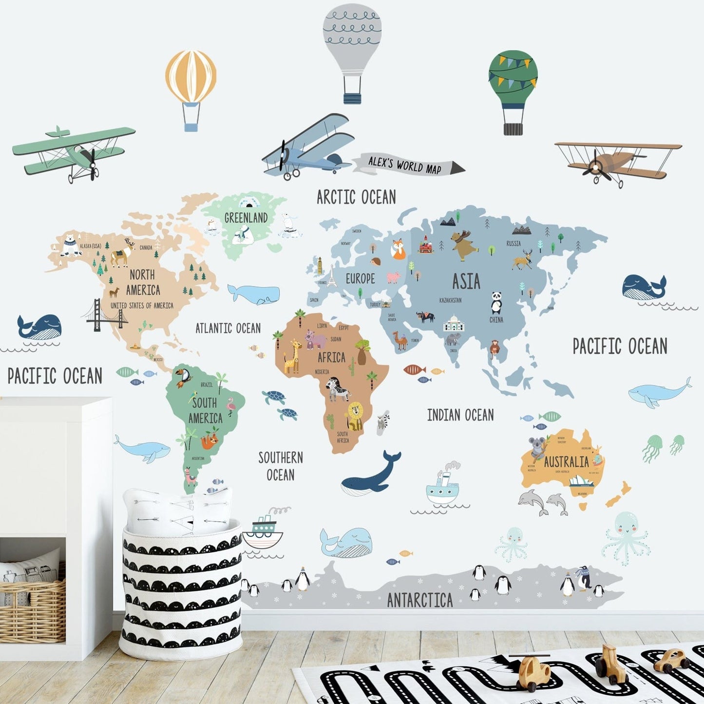 Calcomania Mapa mundi infantil infantil globos aerostaticos y aviones