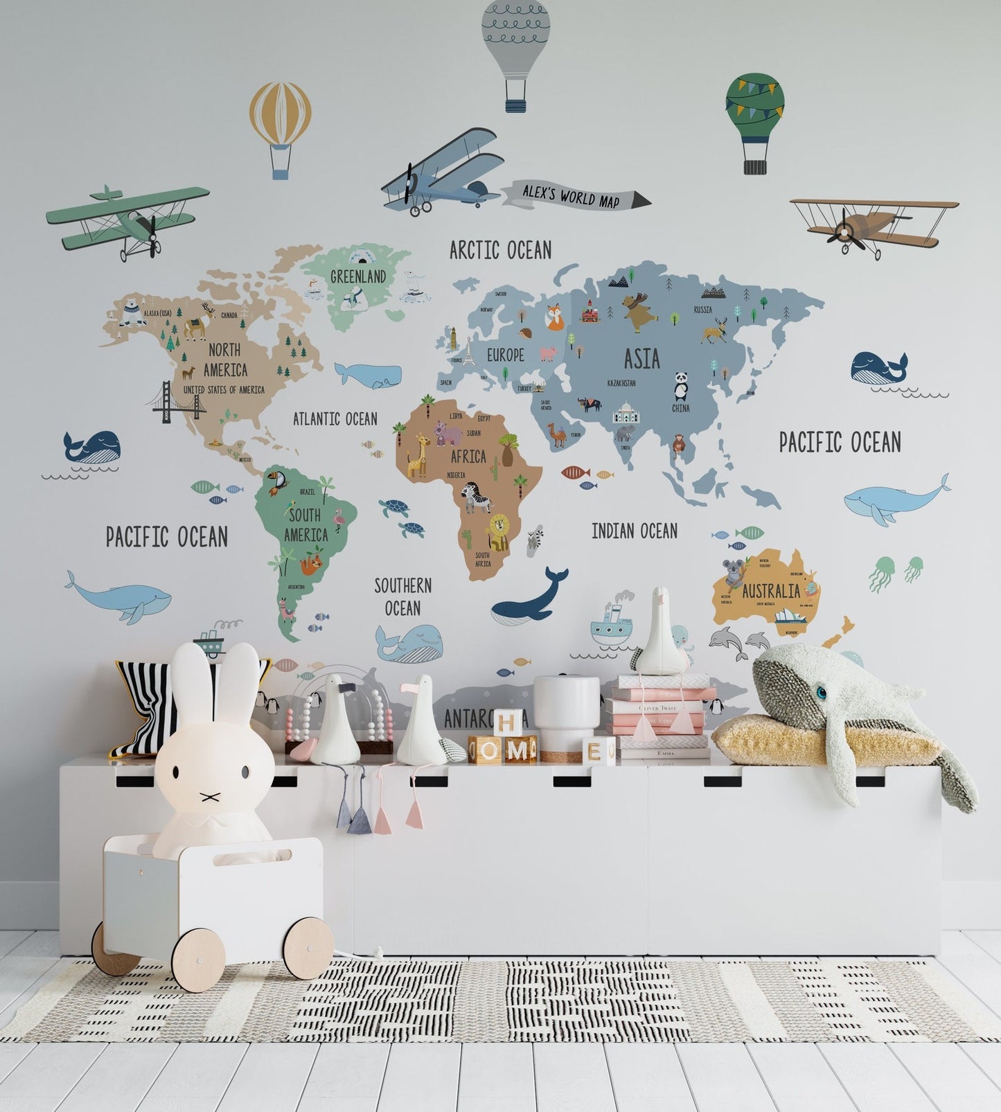 Calcomania Mapa mundi infantil infantil globos aerostaticos y aviones