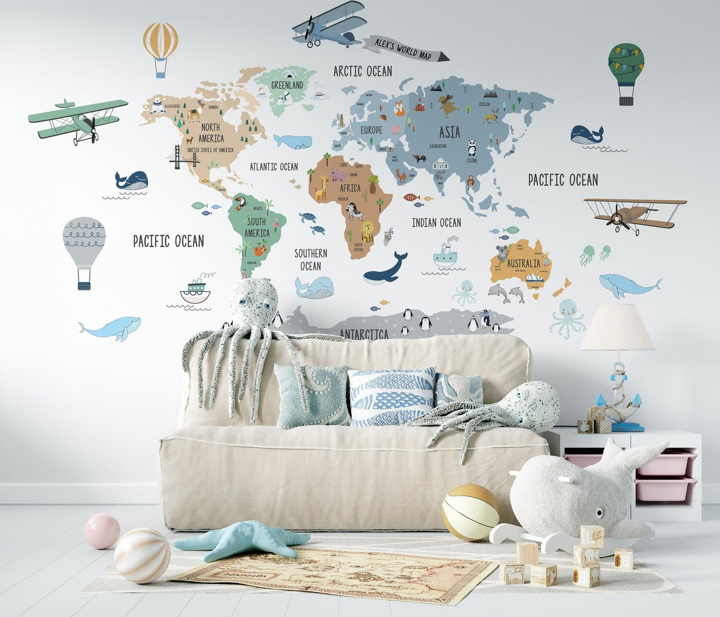 Calcomania Mapa mundi infantil infantil globos aerostaticos y aviones