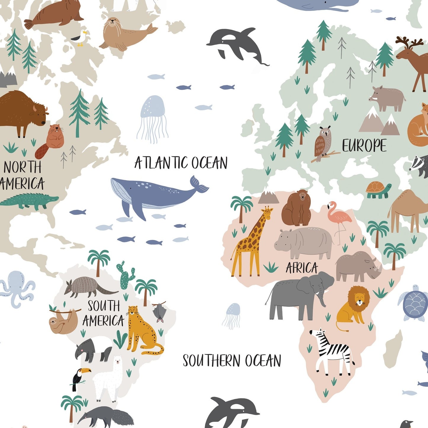 Calcomania Mapa mundi infantil animales Del mundo