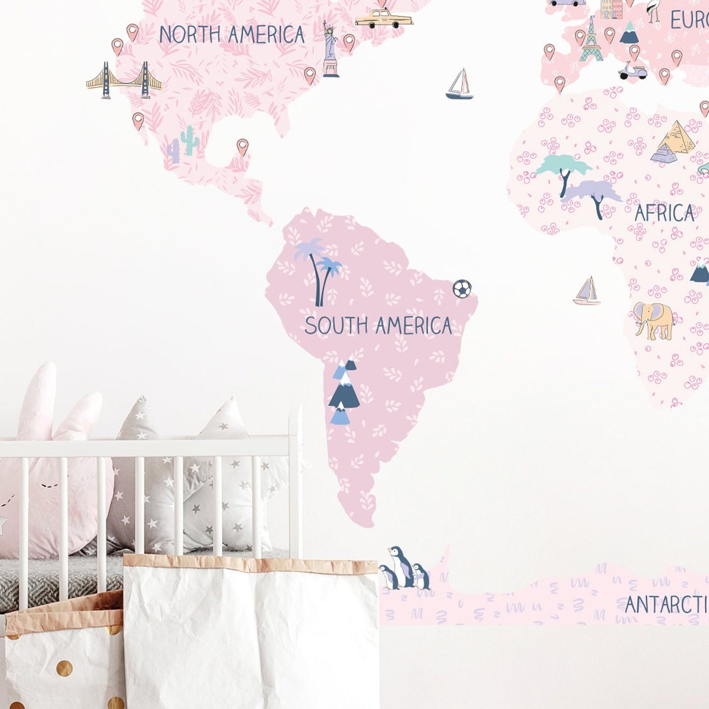 Calcomania Mapa mundi infantil continentes rosado