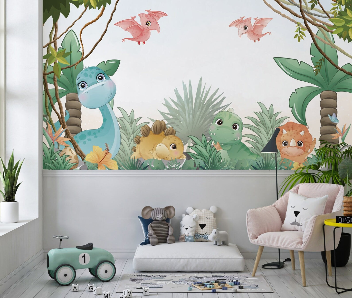 Papel para paredes Jungla jurassica cute 3
