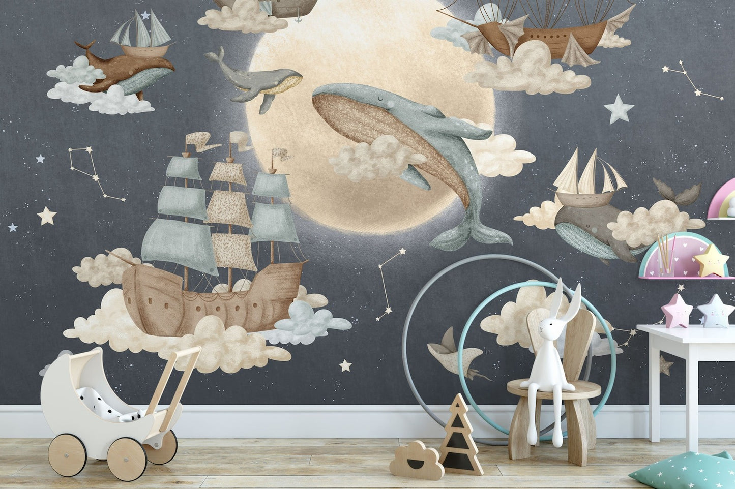 Papel para paredes luna con ballenas voladoras