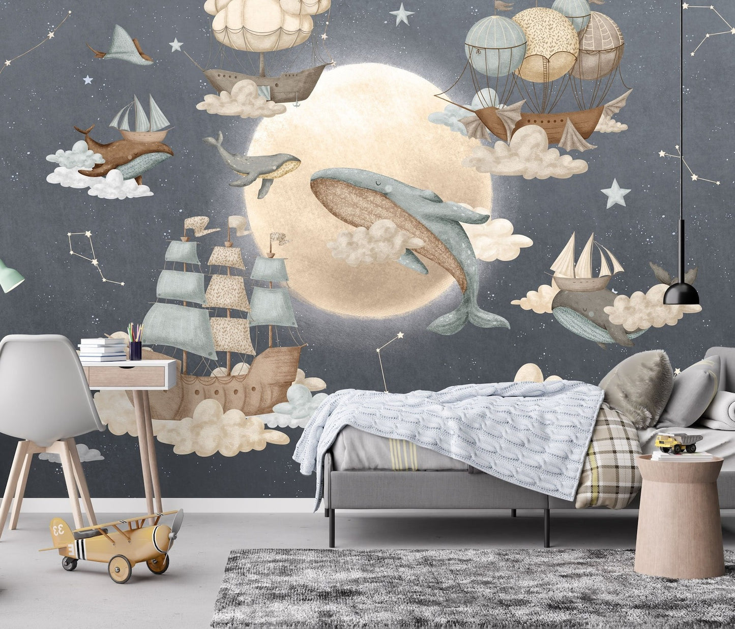 Papel para paredes luna con ballenas voladoras
