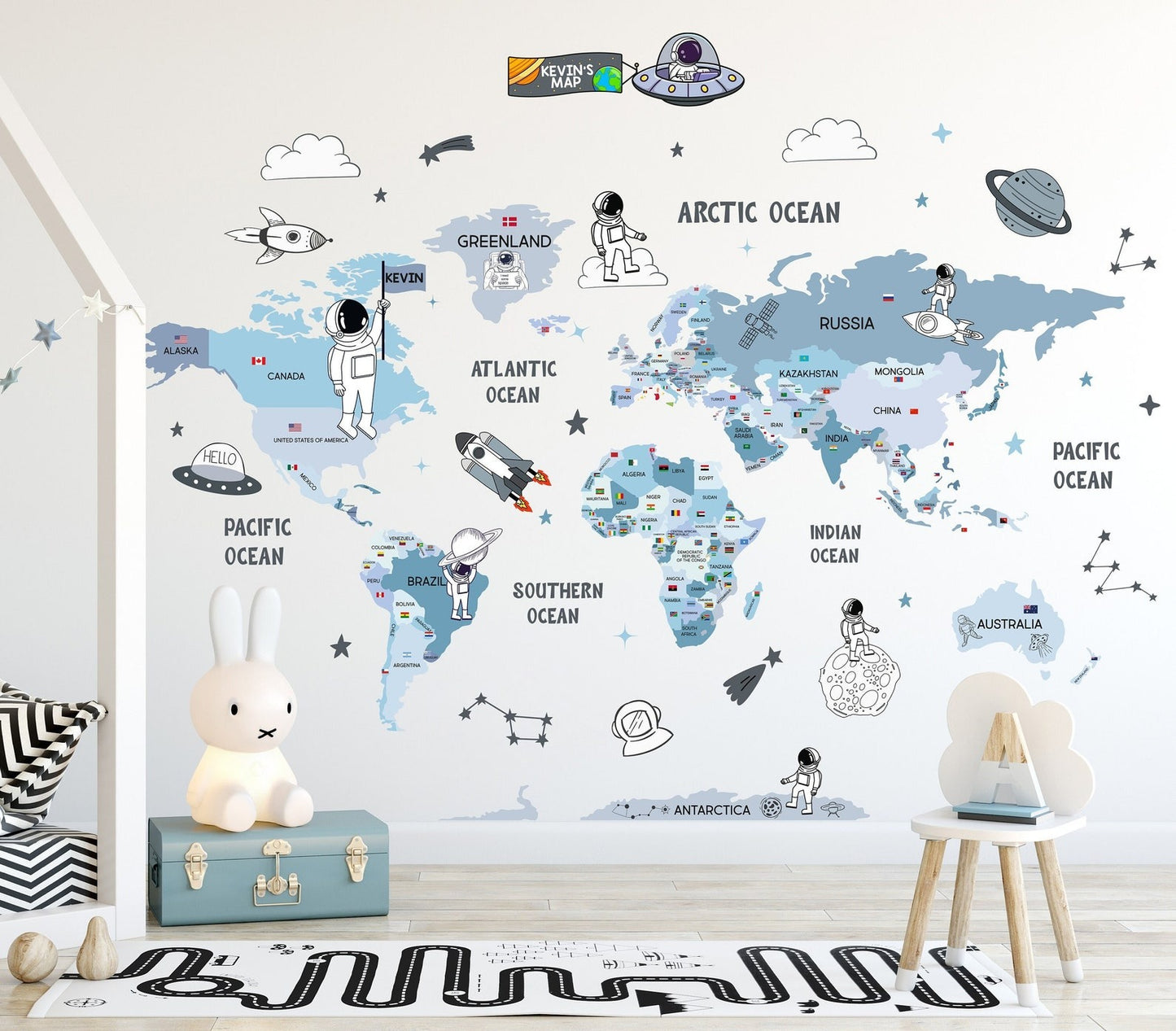 Calcomania Mapa mundi infantil de astronautas