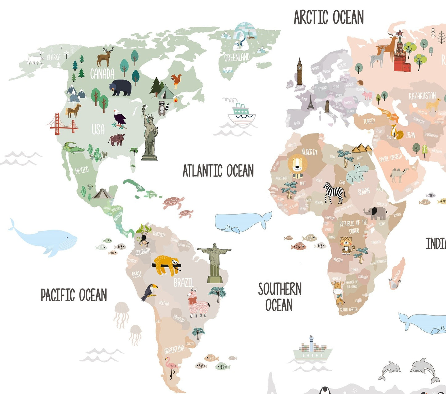 Calcomania Mapa mundi infantil animales y monumentos