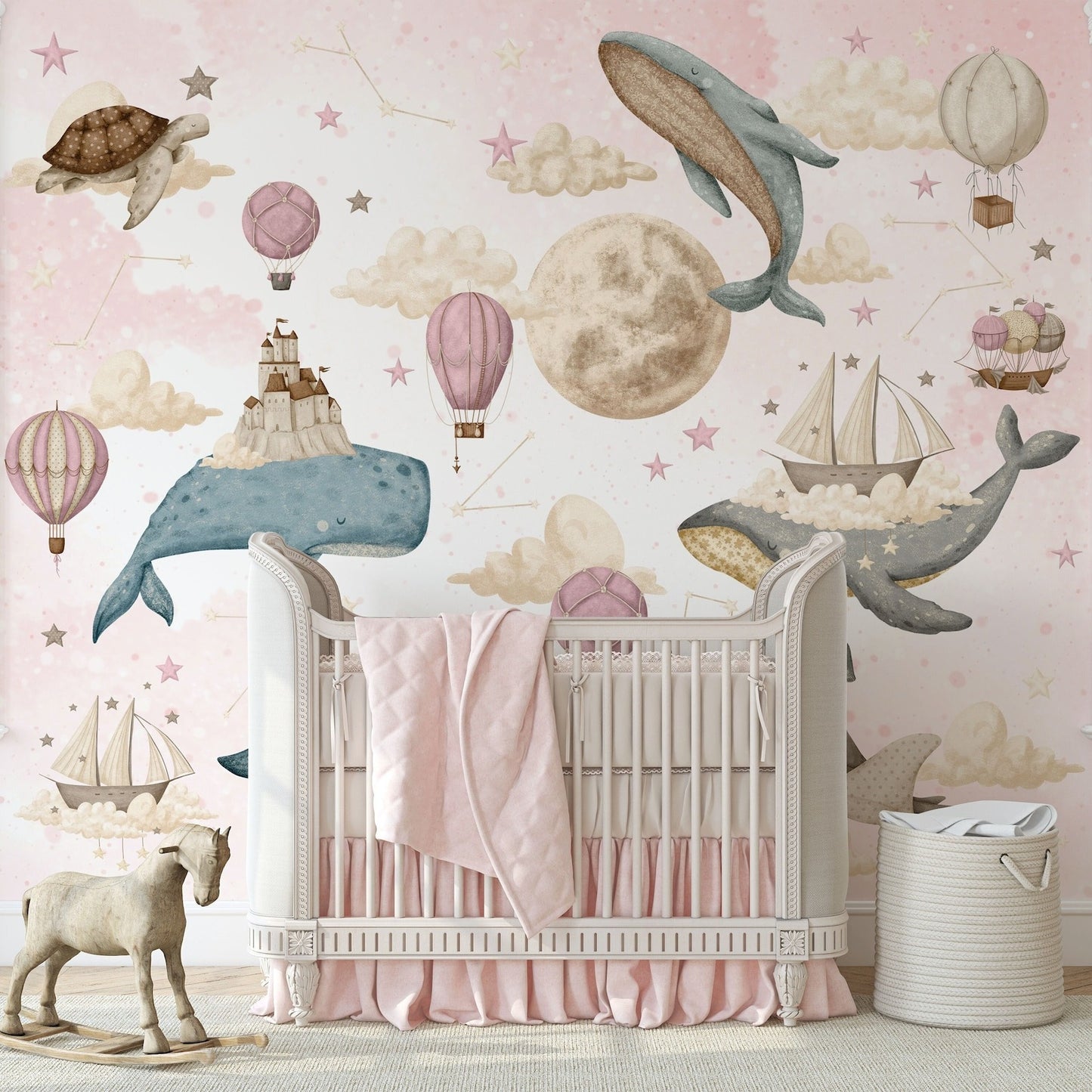 Papel para paredes ballenas voladoras rosadas