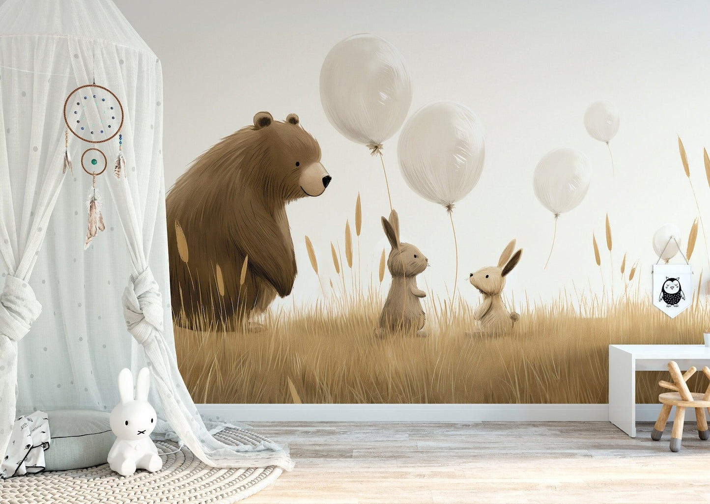 Papel para paredes osos y conejitos con globos