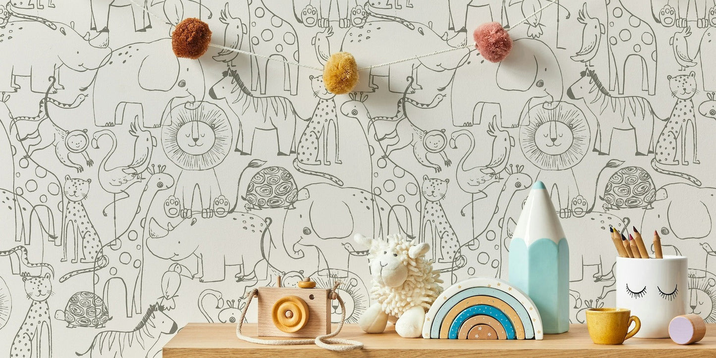 Papel para paredes con bocetos de animales de safari