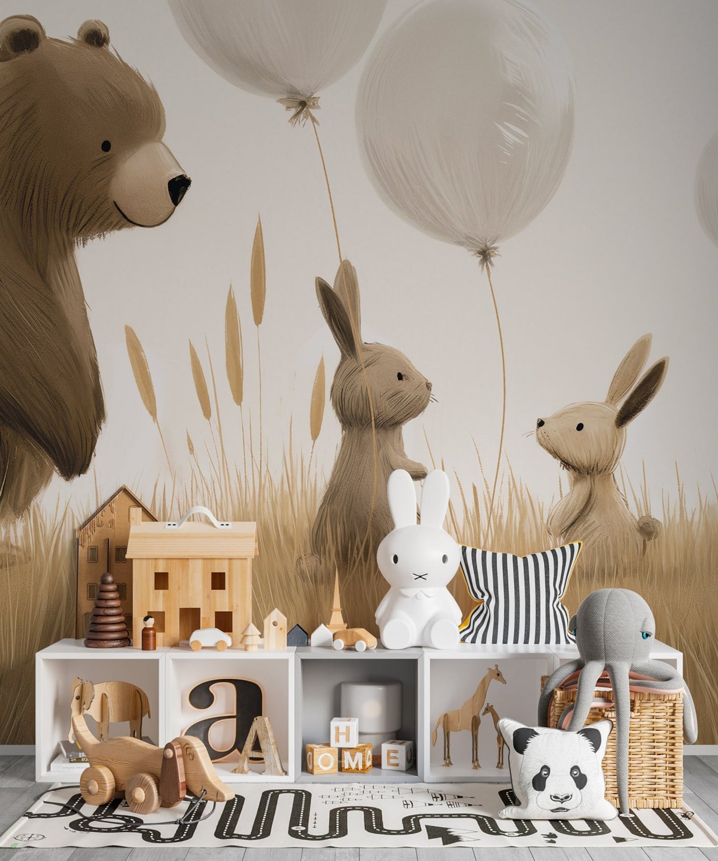 Papel para paredes osos y conejitos con globos