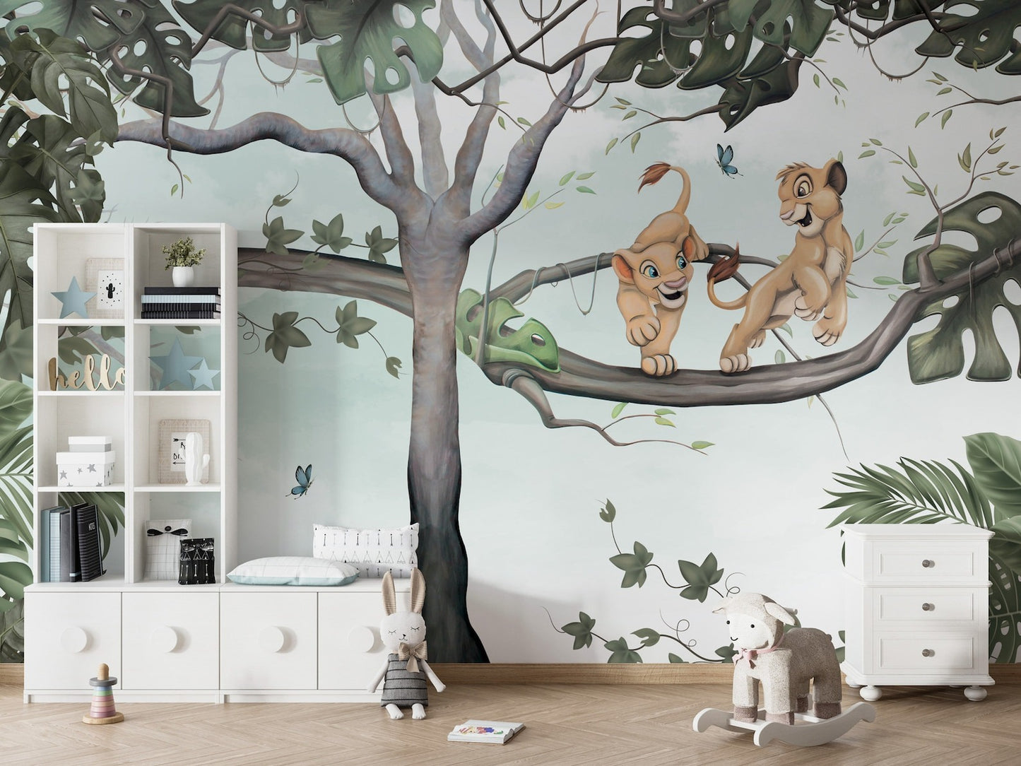 Papel para paredes Rey leon en arbol acuarela