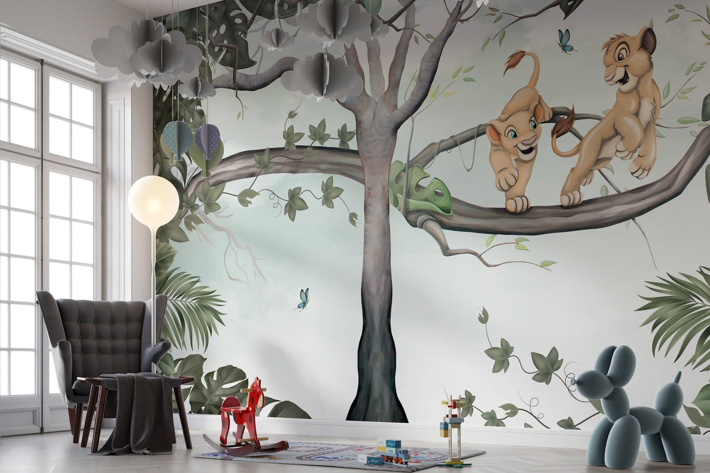 Papel para paredes Rey leon en arbol acuarela