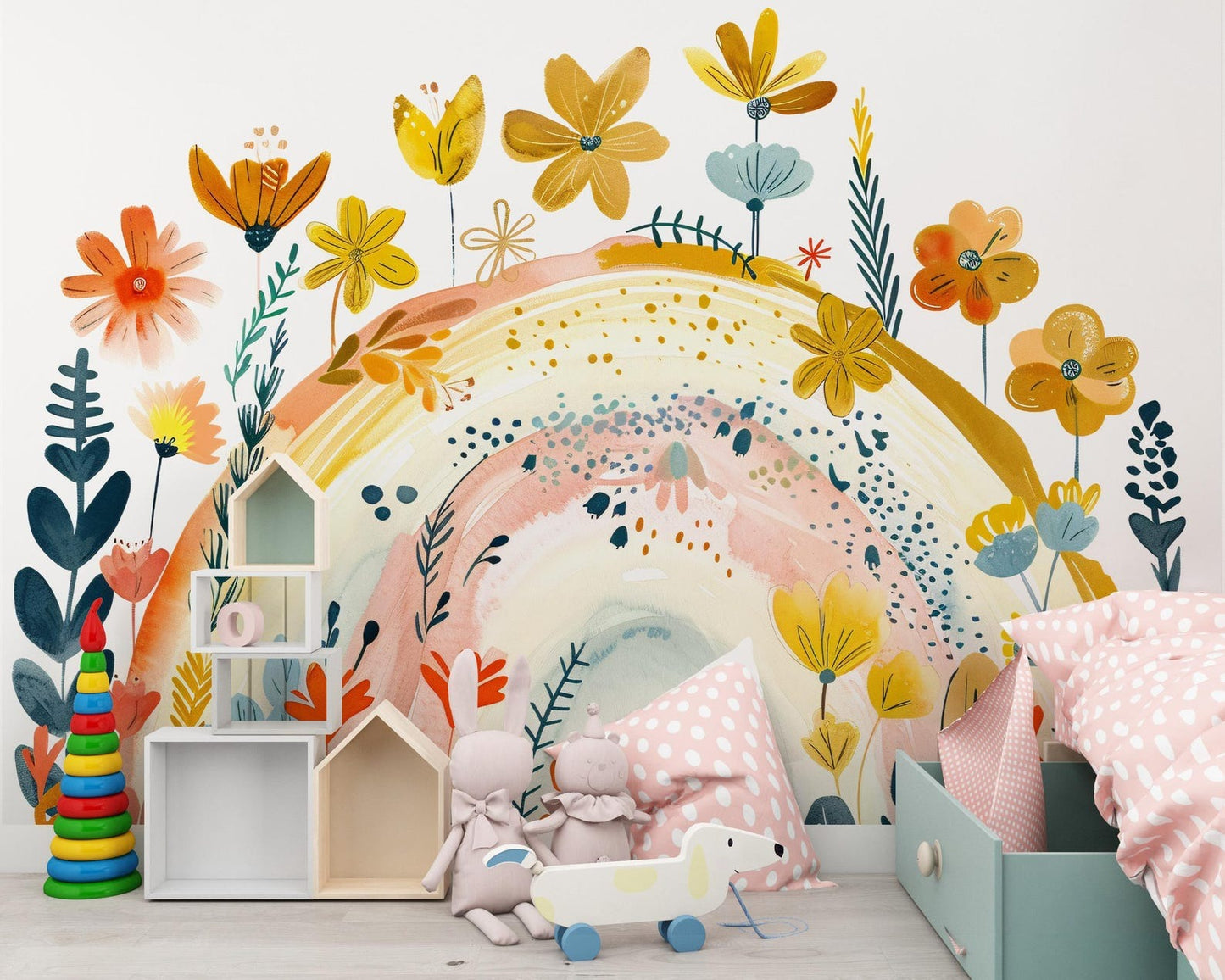 Papel para paredes Arcoiris con flores