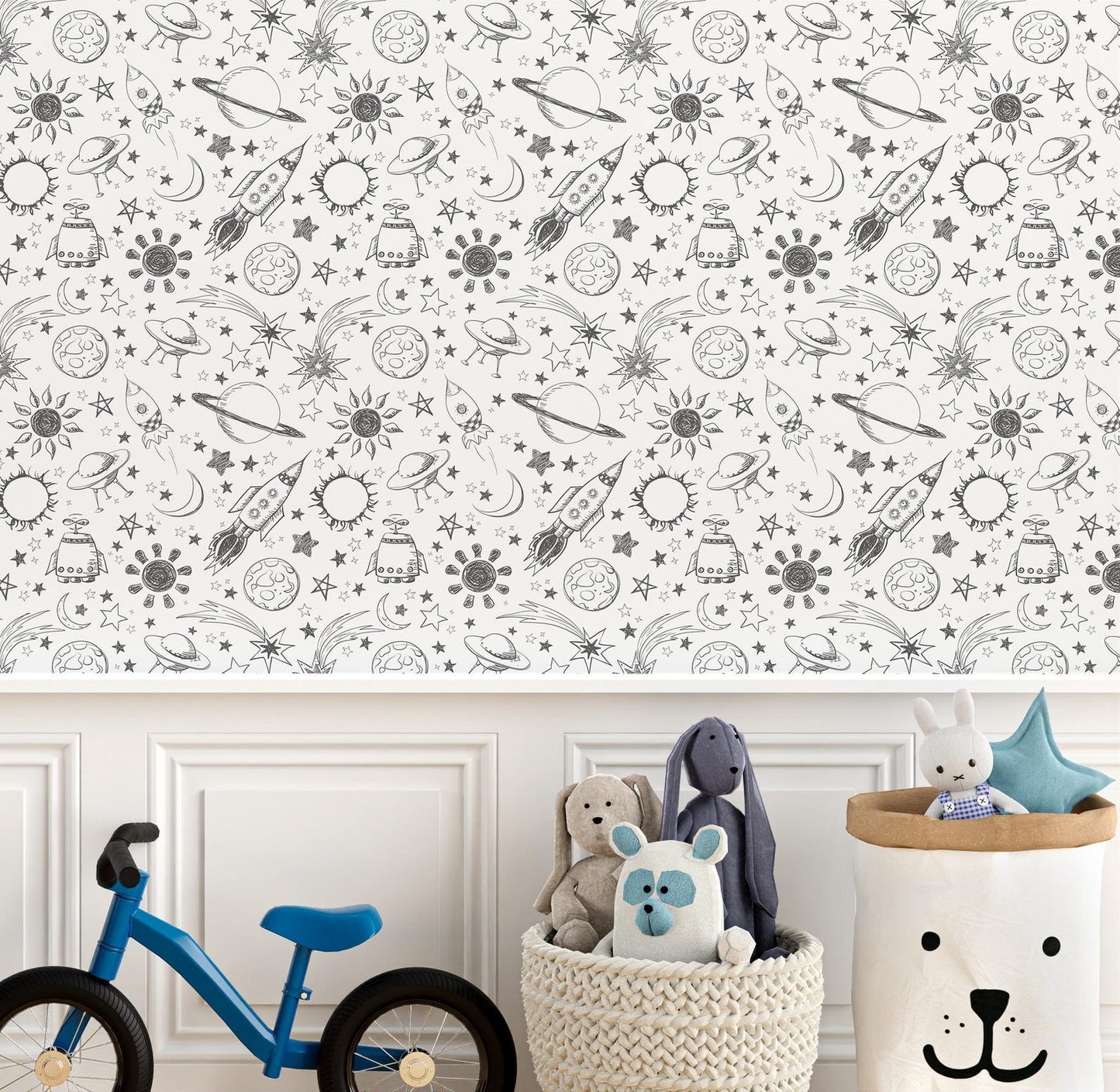 Papel para paredes astronauta Mosaico blanco y negro2