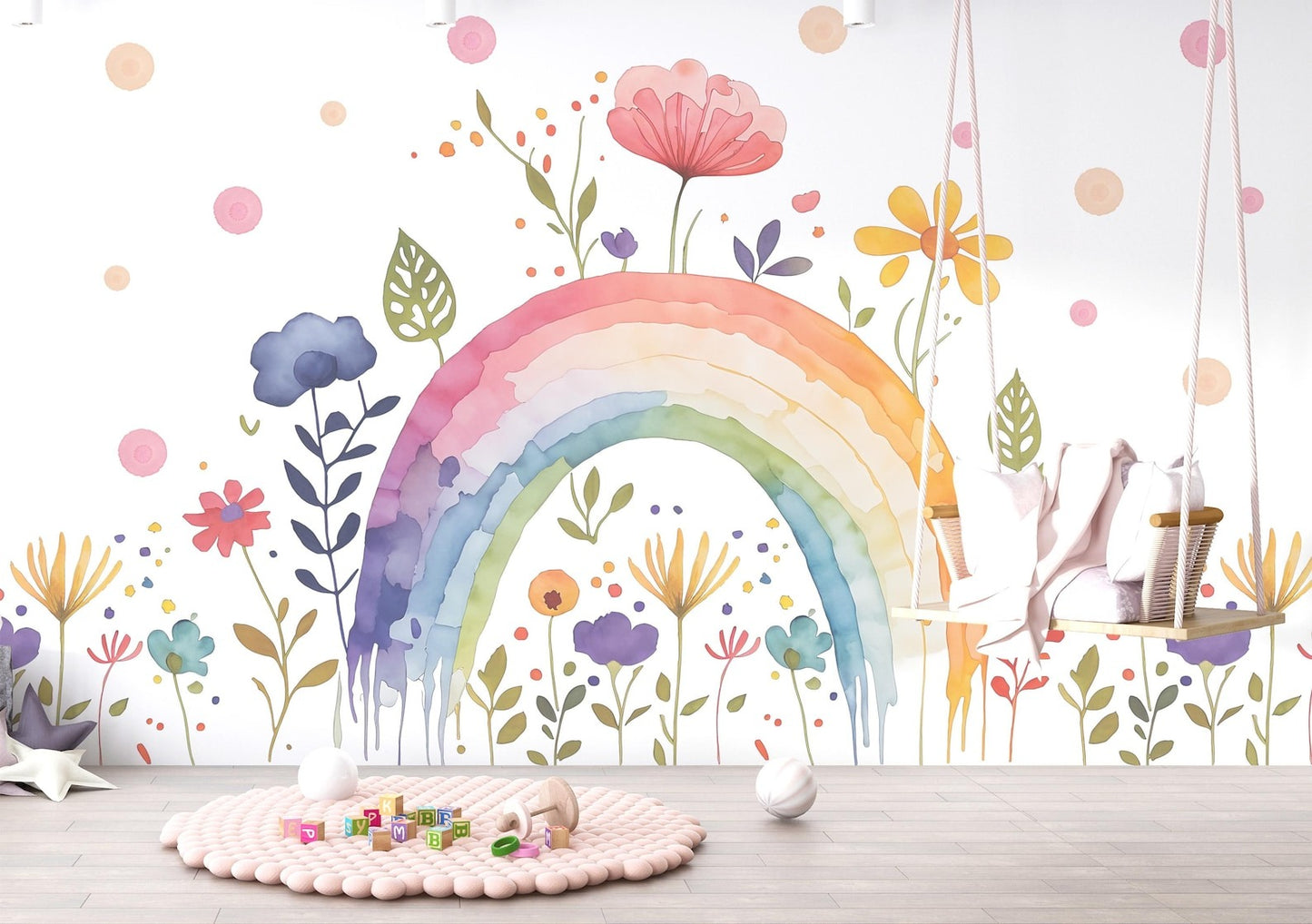 Papel para paredes Arcoiris con flores acuarela
