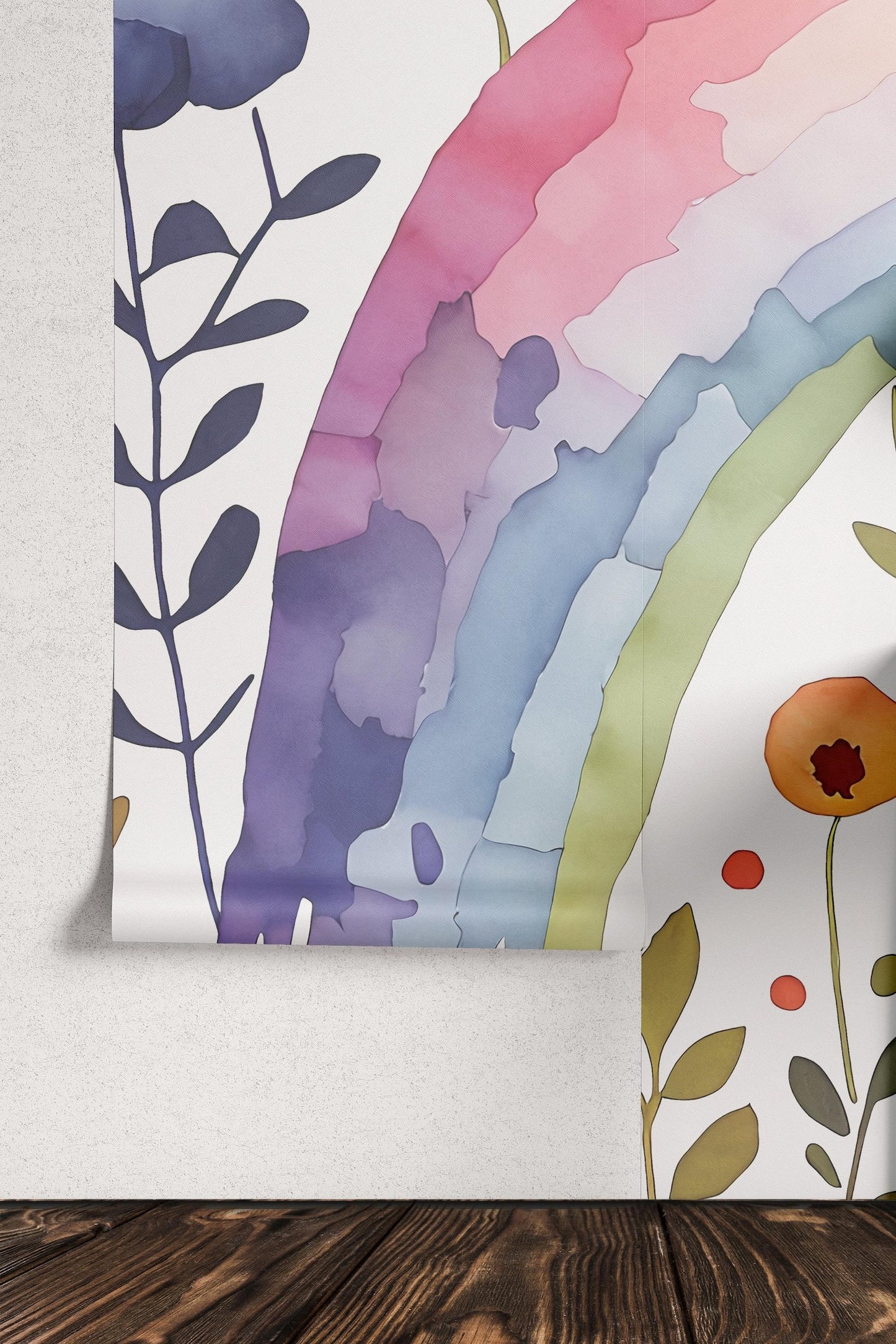 Papel para paredes Arcoiris con flores acuarela