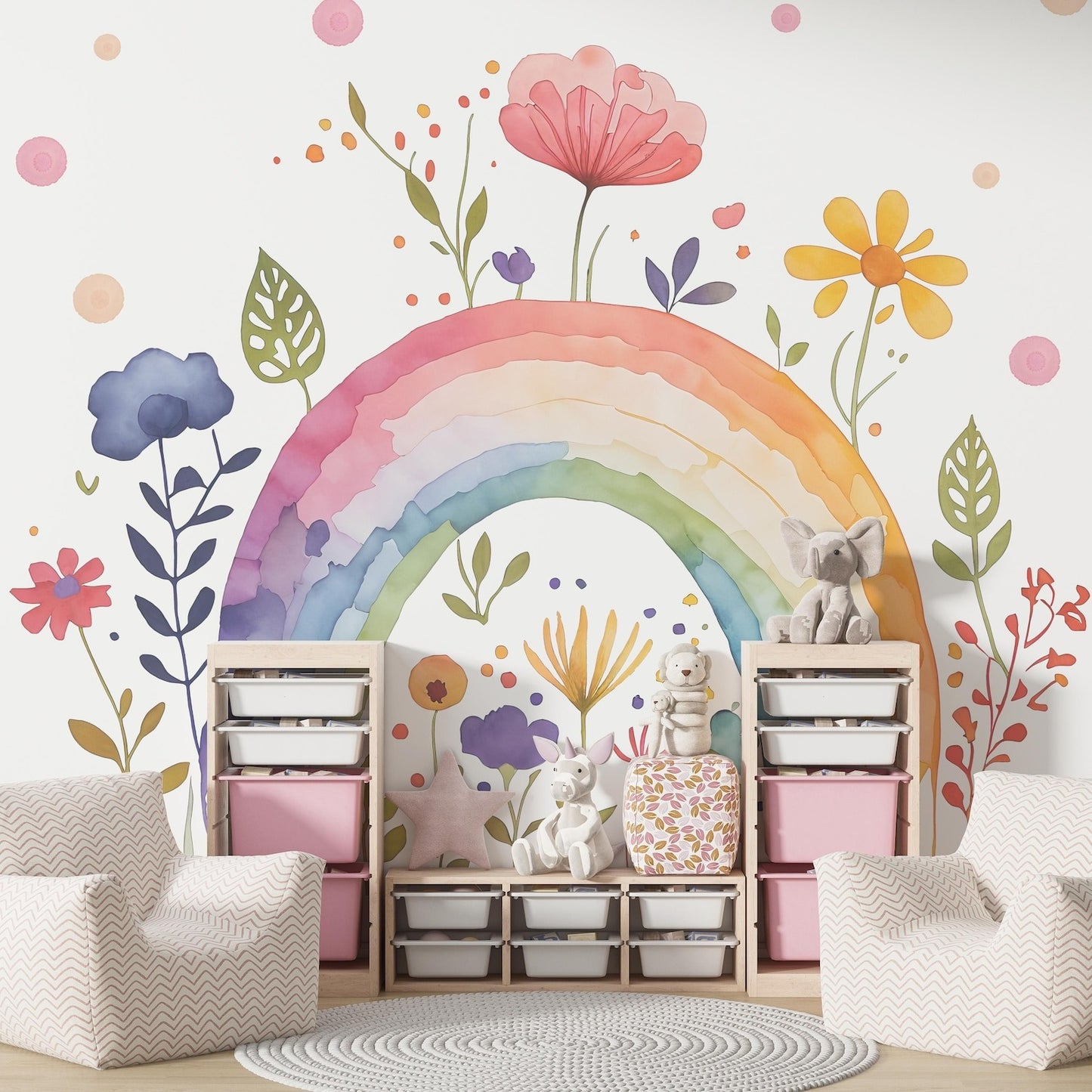 Papel para paredes Arcoiris con flores acuarela
