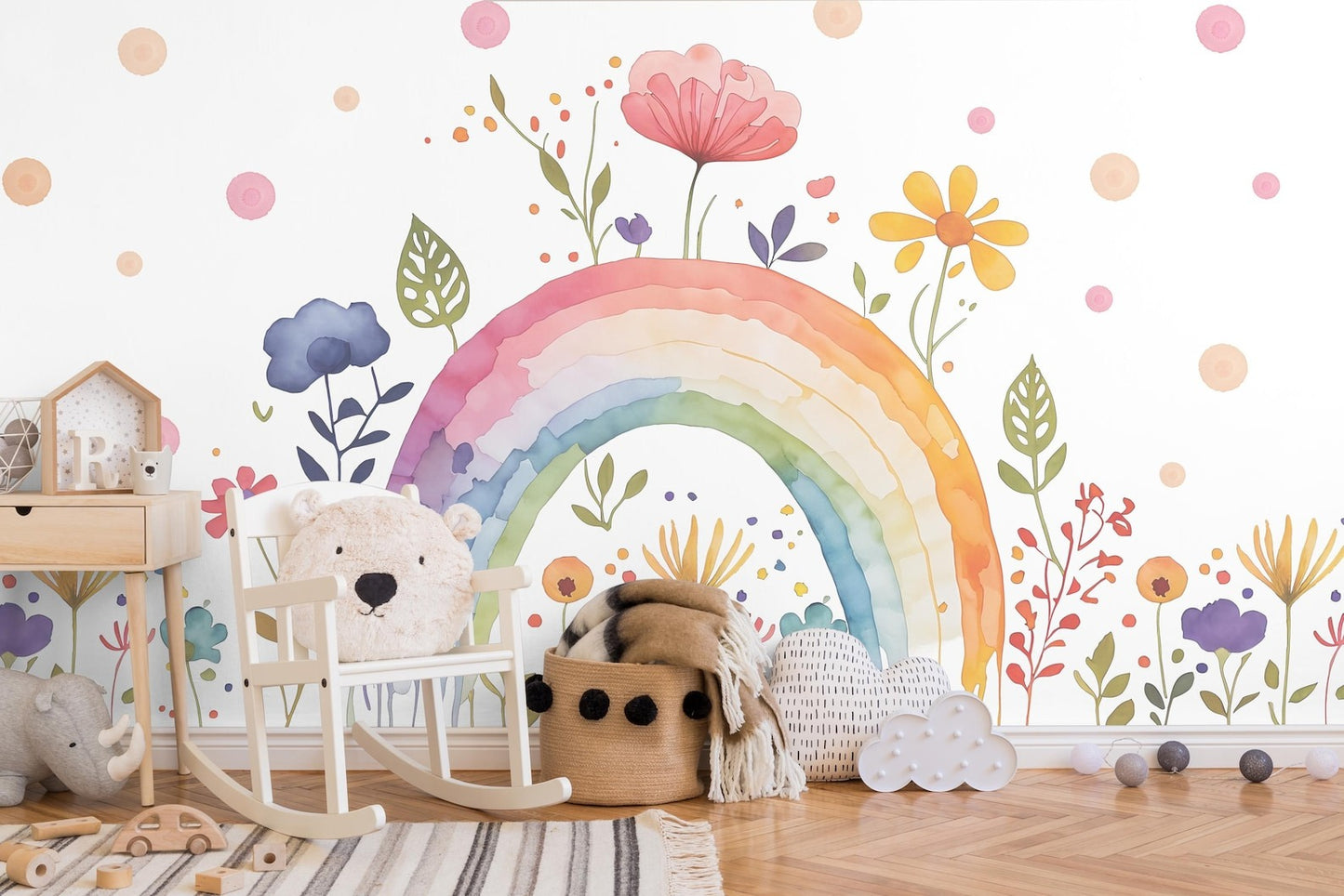 Papel para paredes Arcoiris con flores acuarela