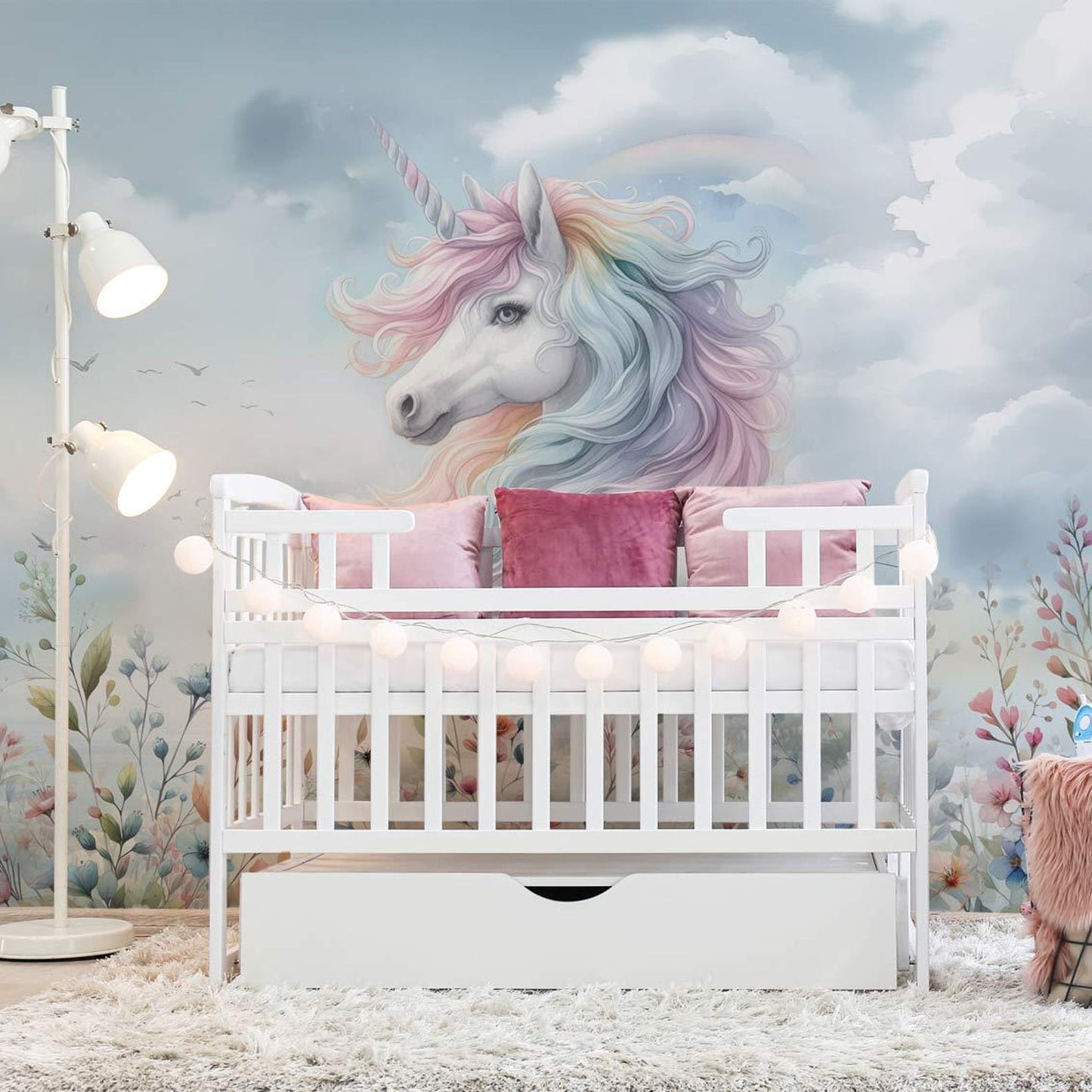 Papel para paredes Unicornio con flores