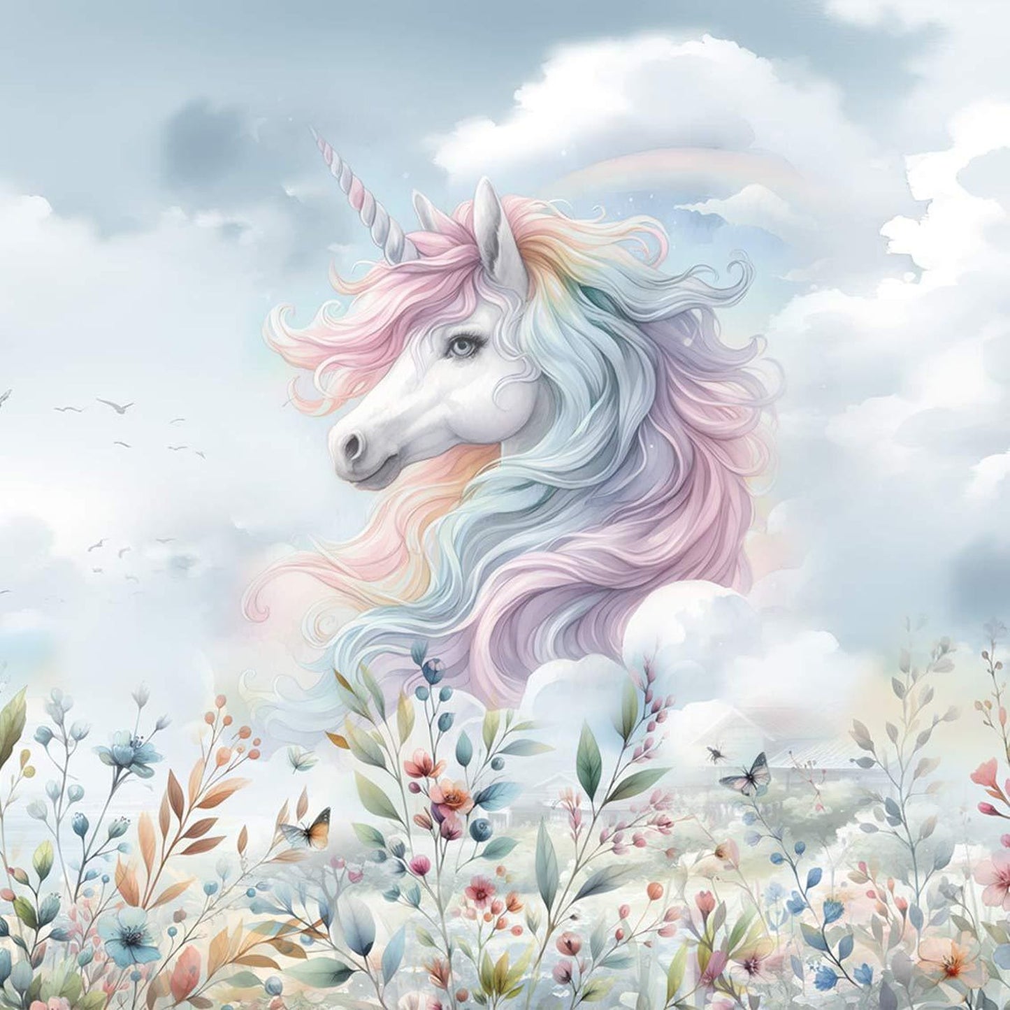 Papel para paredes Unicornio con flores